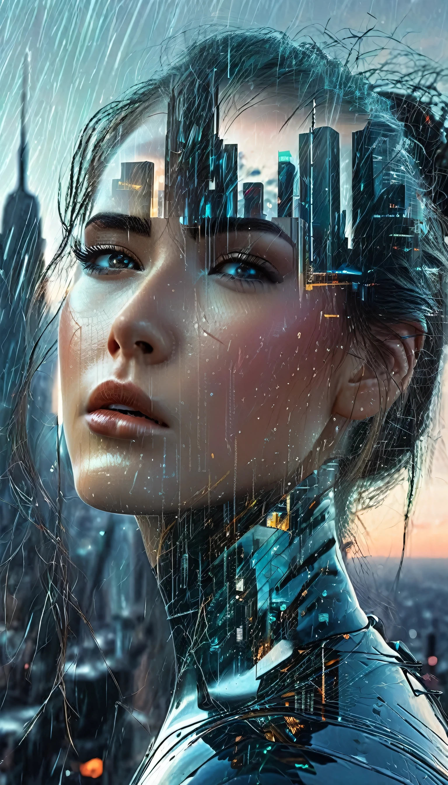 a melancholic android woman, detailed face with human emotion and cybernetic disintegration, gazing out on a dystopian cityscape, tears streaming down cheeks like digital rain, neon lights of the metropolis seeping into her being, blurring lines between reality and virtual reality, skyscrapers and towering spires etched onto her face, double exposure of flesh and steel pulsing with a life of its own, hyper realistic, cinematic lighting, dramatic, muted color palette, moody, atmospheric, intricate details, artstation, by artgerm and greg rutkowski