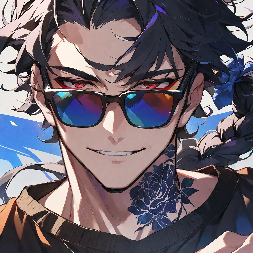 solo, handsome, 1 male, Ponytail, Braided black hair, red eyes, Gojo Satoru,casual,Blue Rose Tattoo,Sporty casual,Stylish,cool,sunglasses,Glasses,Face close-up