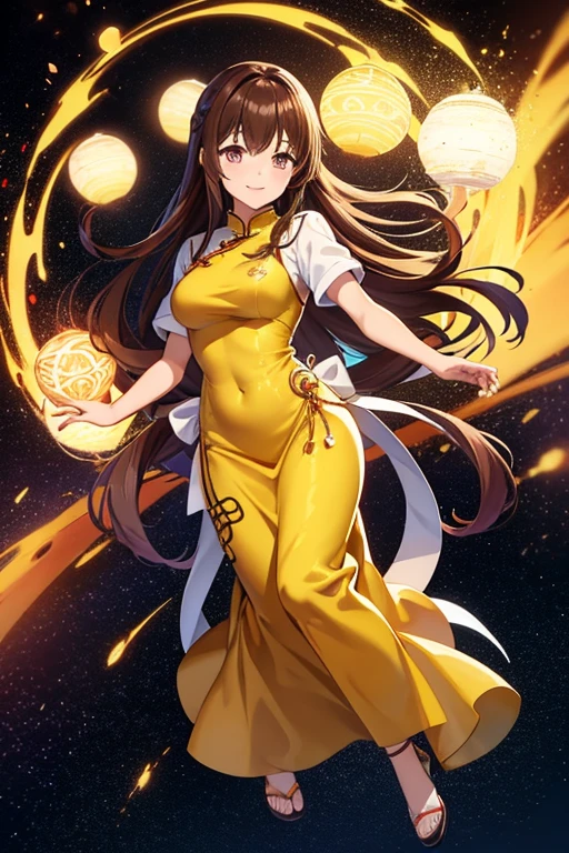 Anime drawings、Full body portrait、Space SF Chef、A female chef, about 170cm tall and about 35 years old, wearing a gold Chinese dress, floating in the air、Smiling、Medium-long straight hair tied up、Brown Hair、Wearing a golden chef's hat