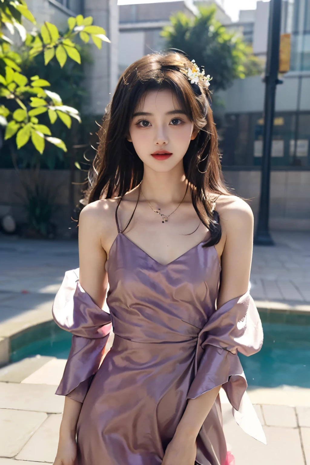 face to the viewer,Girl wearing beautiful floral dress,It shows a fresh and natural beauty。The dress is purple,It is covered with a variety of colorful floral patterns,This makes the whole dress look elegant and gorgeous。The neckline of the dress is a typical round neck,Fits her neck,Show her elegance。
The cut of the dress fits perfectly,Clinging to her body,Show off her graceful curves。The hem of the dress is just below the knee,It looks dignified and generous,It goes well with the color and style of the dress。
Her hair was draped over her shoulders,Slightly curled,It gives a romantic and natural feeling。Her face was covered with light makeup,The choice of eye shadow and lip gloss harmonizes with the color of the dress。The girl is dressed neatly,Full of fresh breath of spring and summer,It shows her elegant temperament and unique charm。(with hands behind her back,stand posture),Nipples,No underwear,No bra,Are thin,Thin legs,Small butt,Almost flat chest,Small breasts,Oriental,A beautiful girl,Korean famous beautiful girl idol dancer,The belly button and the surrounding area are exposed,Thin hips,Bold and mischievous,Nipples,Nipples and petals,petal,Flat Bust,