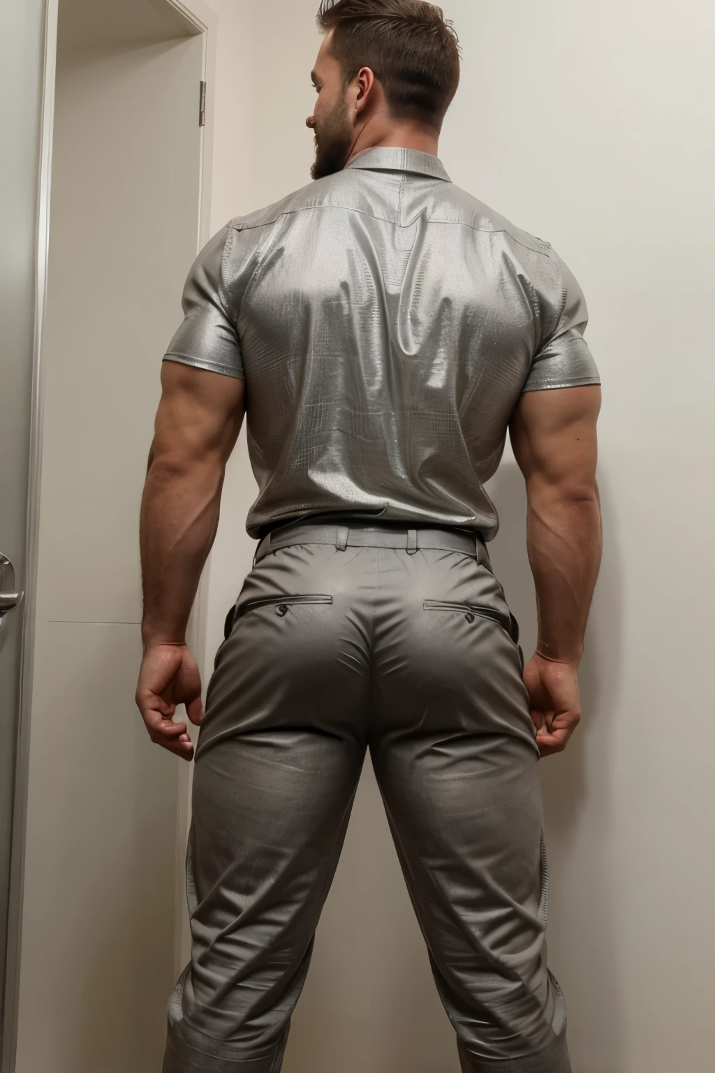 Award-winning original photoen, 30 years old man and wild muscular man, short beards, burly, hunk, wearing shirts, smilling happil, detailed, lovely, full body,  silver formal trousers (((backside)))