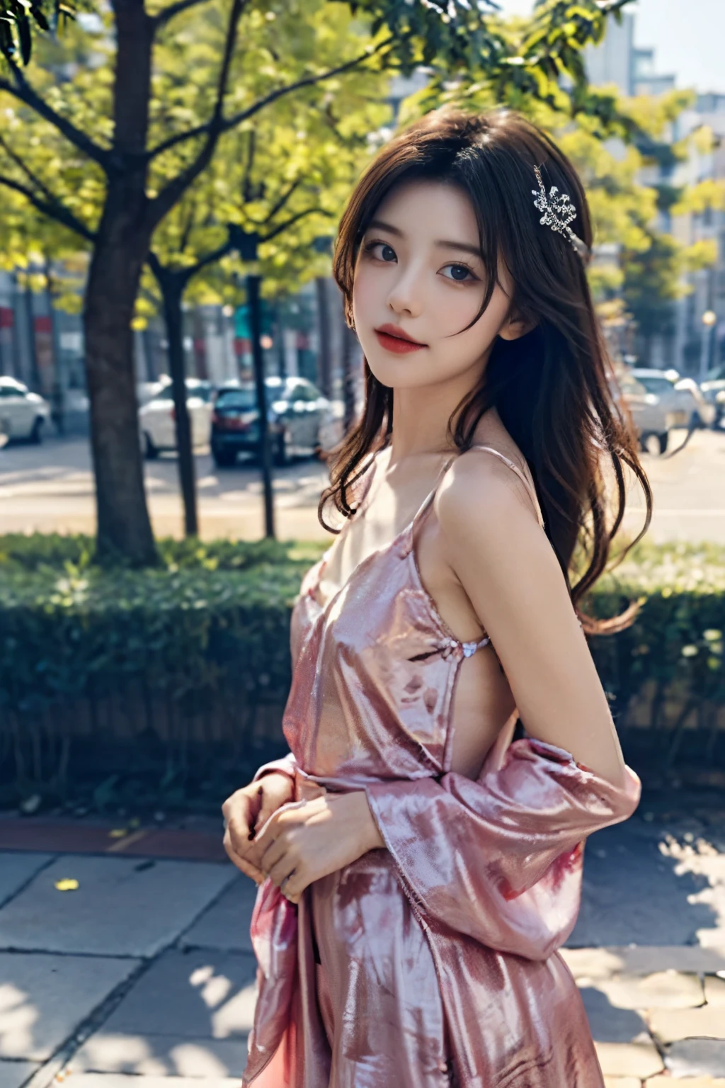 face to the viewer,Girl wearing beautiful floral dress,It shows a fresh and natural beauty。The dress is purple,It is covered with a variety of colorful floral patterns,This makes the whole dress look elegant and gorgeous。The neckline of the dress is a typical round neck,Fits her neck,Show her elegance。
The cut of the dress fits perfectly,Clinging to her body,Show off her graceful curves。The hem of the dress is just below the knee,It looks dignified and generous,It goes well with the color and style of the dress。
Her hair was draped over her shoulders,Slightly curled,It gives a romantic and natural feeling。Her face was covered with light makeup,The choice of eye shadow and lip gloss harmonizes with the color of the dress。The girl is dressed neatly,Full of fresh breath of spring and summer,It shows her elegant temperament and unique charm。(with hands behind her back,stand posture),Nipples,No underwear,No bra,Are thin,Thin legs,Small butt,Almost flat chest,Small breasts,Oriental,A beautiful girl,Korean famous beautiful girl idol dancer,The belly button and the surrounding area are exposed,Thin hips,Bold and mischievous,Nipples,Nipples and petals,petal,Flat Bust,