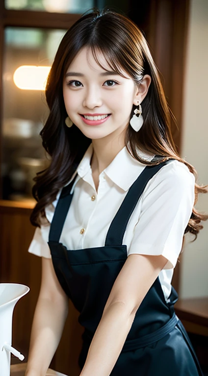 elegant features,Glowing Skin,girl,The only person,Barista,Watery eye,Glowing Eyes,smile,Long white hair,Brown haired,Wave Head,Heart-shaped hair ornament,bracelet,collar,Hoop Earrings,Workplace uniforms,apron,Fast Food Uniforms,To the audience:,Holding a mug,coffee shop,BREAK ceremony,((Random sexy poses、put in、Deep joy, Ecstatic eyes:1.2)), ((I gasp hard:1.2))、Ecstatic face、Climax expression, Through clenched teeth、My whole body is convulsing、Official Art,Highly detailed CG Unity 8k wallpaper, (masterpiece:1.0),(highest quality:1.0), photo shoot, 8k, Browsing Caution, High resolution, Kodak Portrait 400, Film Grain, Lens flare brilliance,Very low camera angle, View your viewers