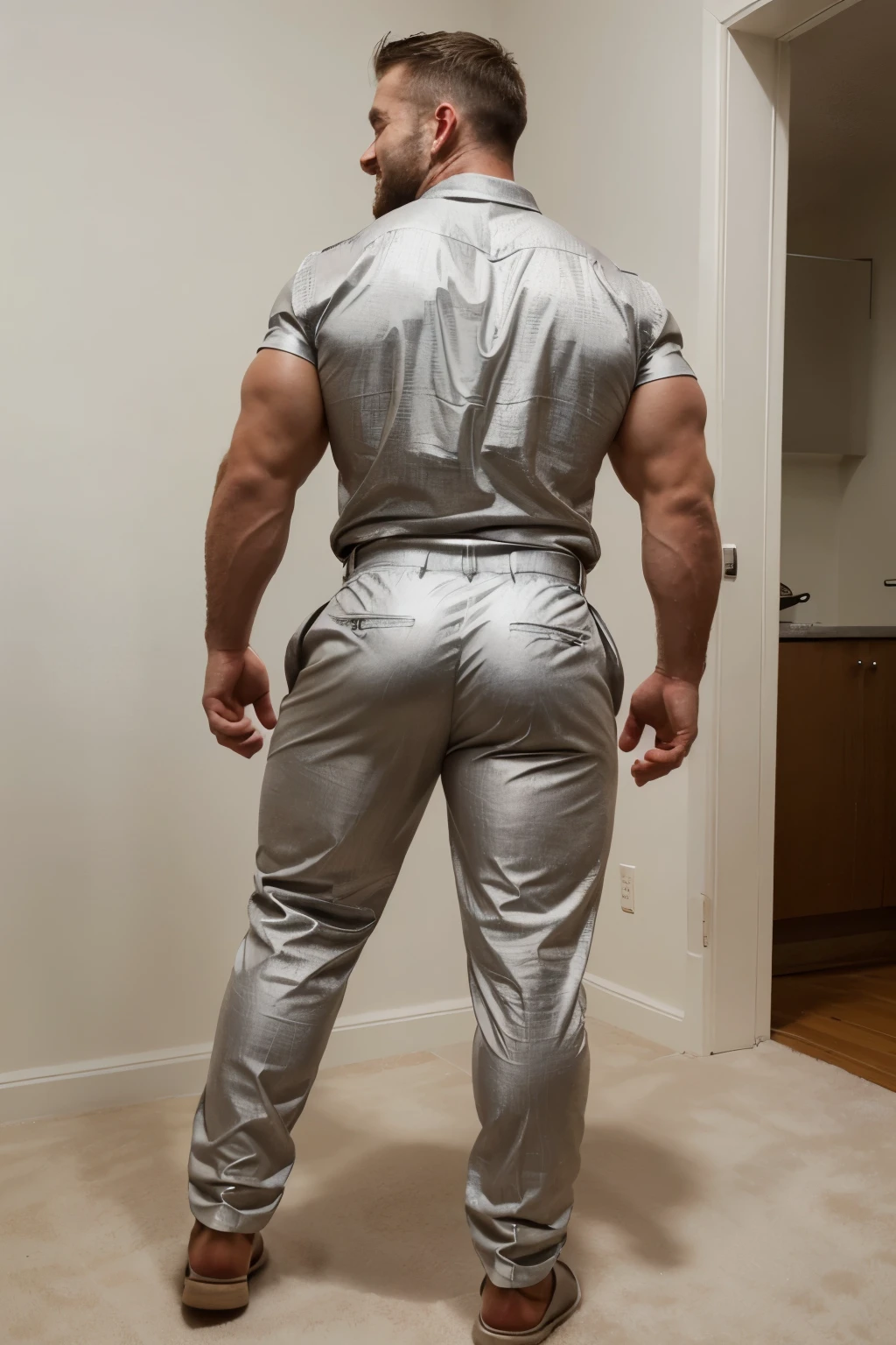 Award-winning original photoen, 30 years old man and wild muscular man, short beards, burly, hunk, wearing shirts, smilling happil, detailed, lovely, full body,  silver formal trousers (((backside)))
