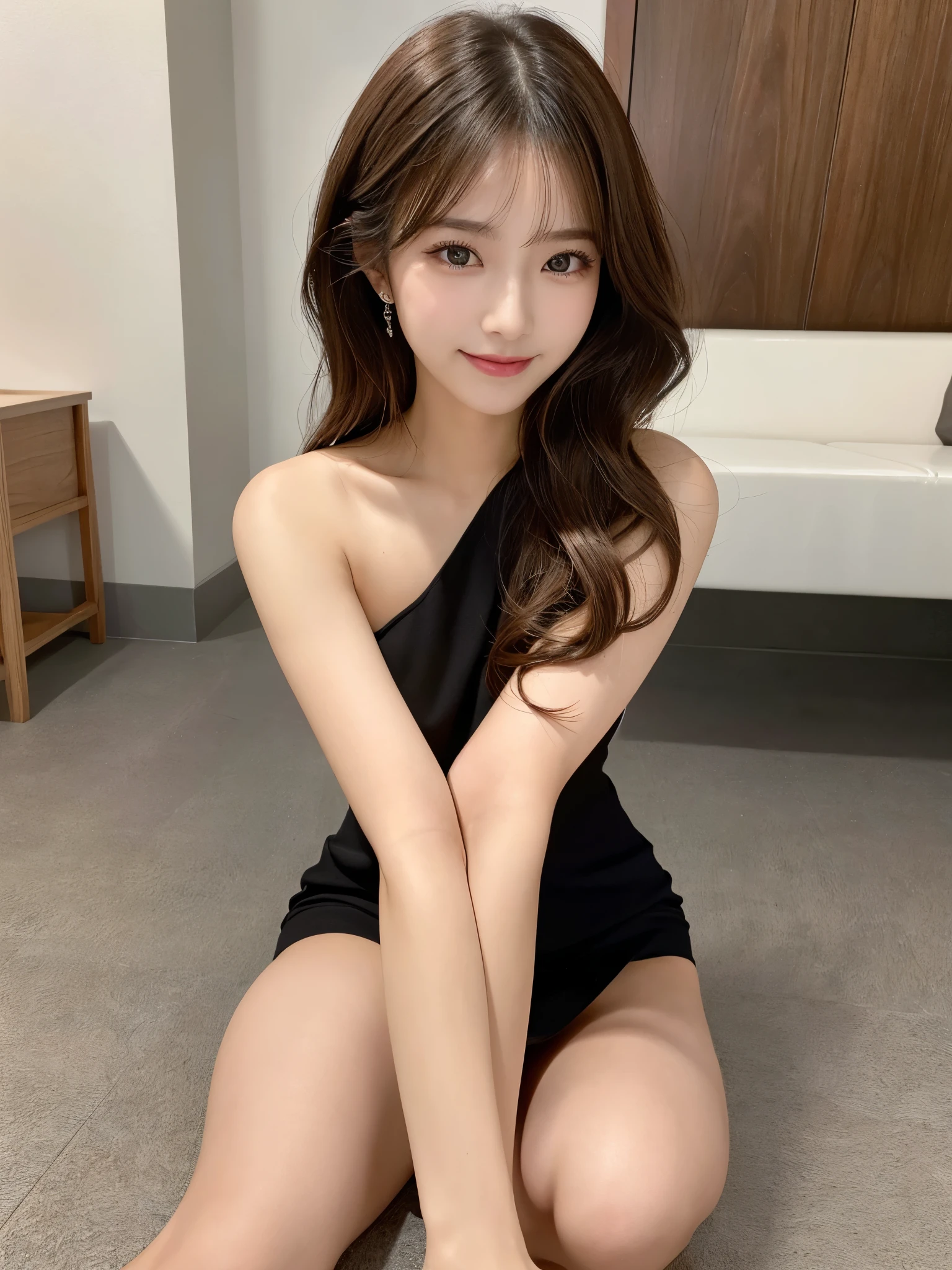 (Detailed skin:1.2),(Shiny skin:1.1),8k,highest quality, masterpiece, Ultra-high resolution,(Realistic:1.4), RAW Photos,(Soft Saturation:1.3),(Fair skin:1.2),Japanese Idols,repair,20 years, Brown Hair, Medium Hair, Asymmetrical Hair, Wavy Hair, (Perfect Anatomy),
(Pretty face:1.4), (Big Breasts, Tight waist), Beautiful lighting, Small Head,
(Black mini dress:1.2,), Highly detailed face, Highly detailed lips, fine grain, double eyelid,, ((Full Body Shot:1.2)), Sharp focus: 1.2, Beautiful woman with perfect figure: 1.2、Random Pause,Accentuate the lines of your legs、smile、
