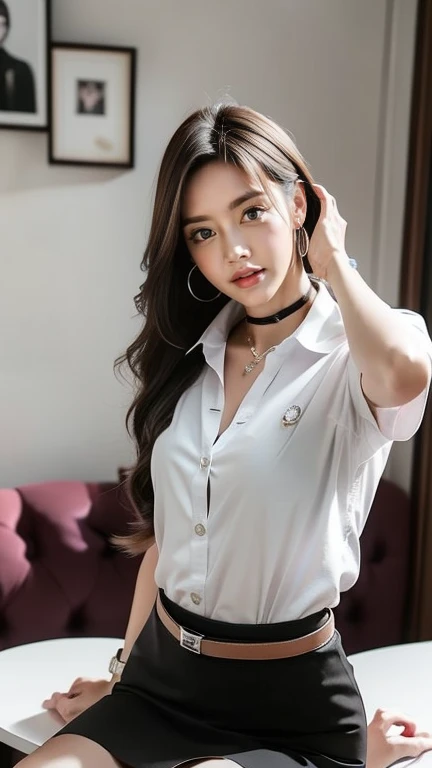 (8k, high resolution,Masterpiece, best quality, alone, complicated details, Chromatic aberration), realistic, ((Big breasts)), ((breast)), ((breast)), (Chest sagging.), hair in one eye, big round hoop earrings, Diamond choker, gold necklace, silver necklace, small watch, bangle, bracelet, Anklet, Waist necklace, (symmetrical eyes),(Perfect symmetrical body), (Photo of a beautiful age girl of 24 years old), Beautiful and charming with contemporary fashion paintings as well., looking at the audience, ((Behind the scenes of a large classroom)), (black short skirt), (((Wear a blue shirt over it., ((White short sleeve shirt), (Open your shirt.), )), (open chest), (Chest sagging.))), (()), (Long square leather belt buckle), ((Put your hands down.)), (bob, medium length hair, Side flatness, Blonde hair, (There is a thin layer of hair covering the face.)), sharp eyeliner, eye shadow, Blush, with thick eyelashes, Sharp eyes, purple eyes, pink cheeks, Very delicate and beautiful, round chin, Sharp focus, elegant, (Open your legs fully on the study table.), (Sit with your head turned away with your legs open.), (Open your legs and lift your right leg apart from your left leg.),