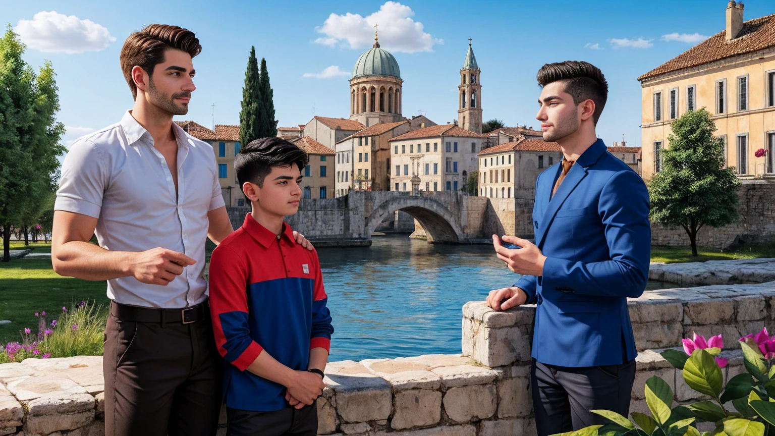 best quality,4k,8k,highres,masterpiece:1.2,ultra-detailed,realistic:1.37,constantine the great and his son crispus,beautiful detailed eyes,beautiful detailed lips,extremely detailed eyes and face,longeyelashes,Constantine the Great and his son Crispus in a garden,illustration,oil painting,3D rendering,photography,masterpiece,peaceful and sunny atmosphere,vibrant colors,gentle lighting,Constantine and Crispus repairing their relationship in modern times,Croatian city of Pula in the background,happy and harmonious relationship,blue sky,serene atmosphere