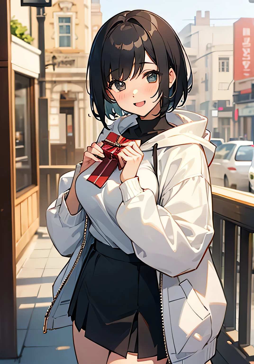 {best quality}、Stylish cafe terrace、smiling at me、Giving gifts、Black short hair、Female college student、Beautiful breasts、Embarrassed、openmouth、smile、Oversized hoodie、short-skirt、cowboy shot