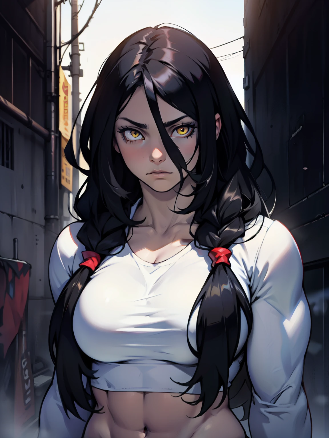 sad pale muscular girl breasts hair black hair yellow eyes extremely long hair sad