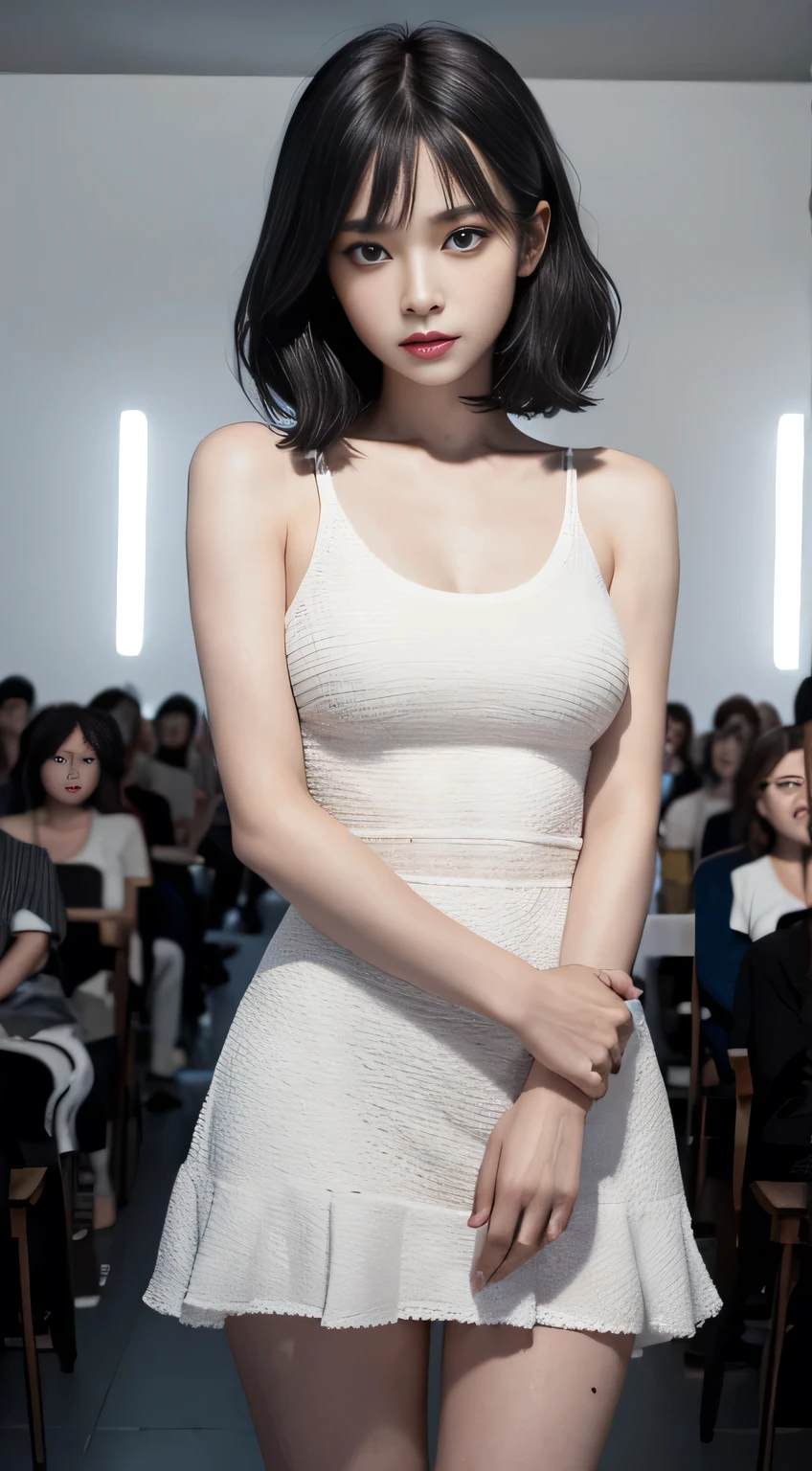Best Quality, surrealism, Anatomically correct, Cinematic lighting, depth of fields, Textured skin, Shiny hair, One lady, Solo, colorful sundress, White sneakers, masterpiece, Best Quality, Realistic, Ultra-detailed, gaze at the audience, Short black hair, Brown eyes, slender, dynamic light and shadow, High resolution, Sharp Focus, depth of fields, Fine eyes, Sharp pupils, Realistic pupils,