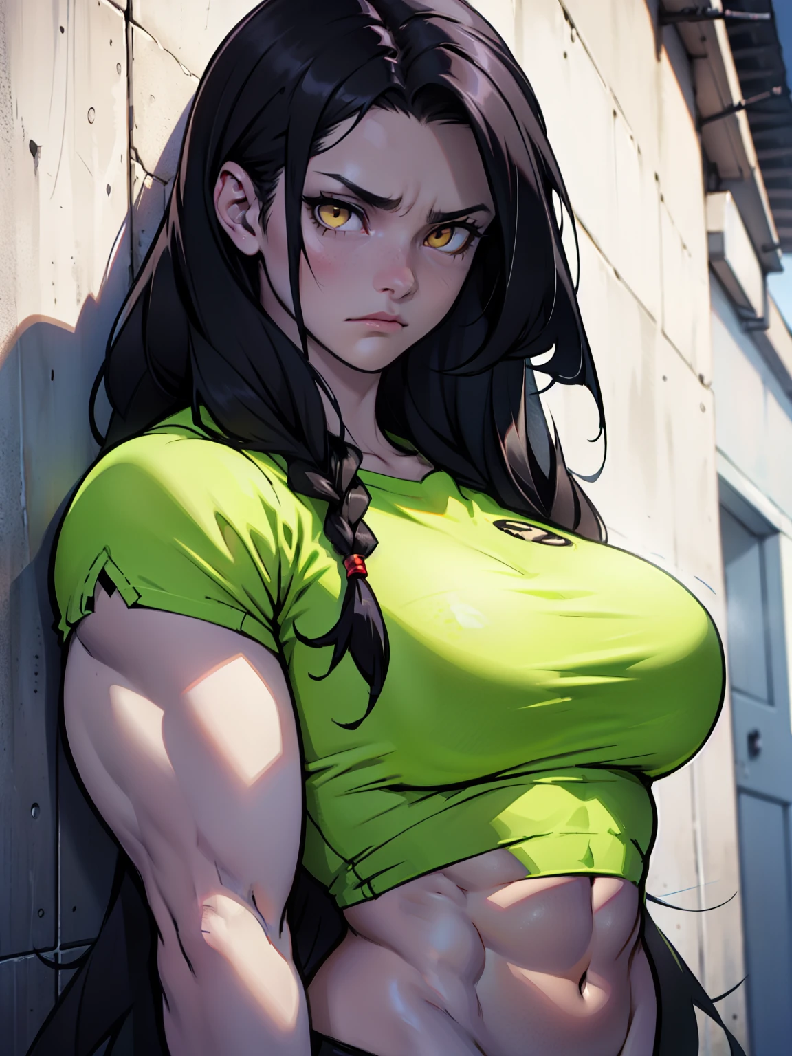 sad pale muscular girl breasts hair black hair yellow eyes extremely long hair sad