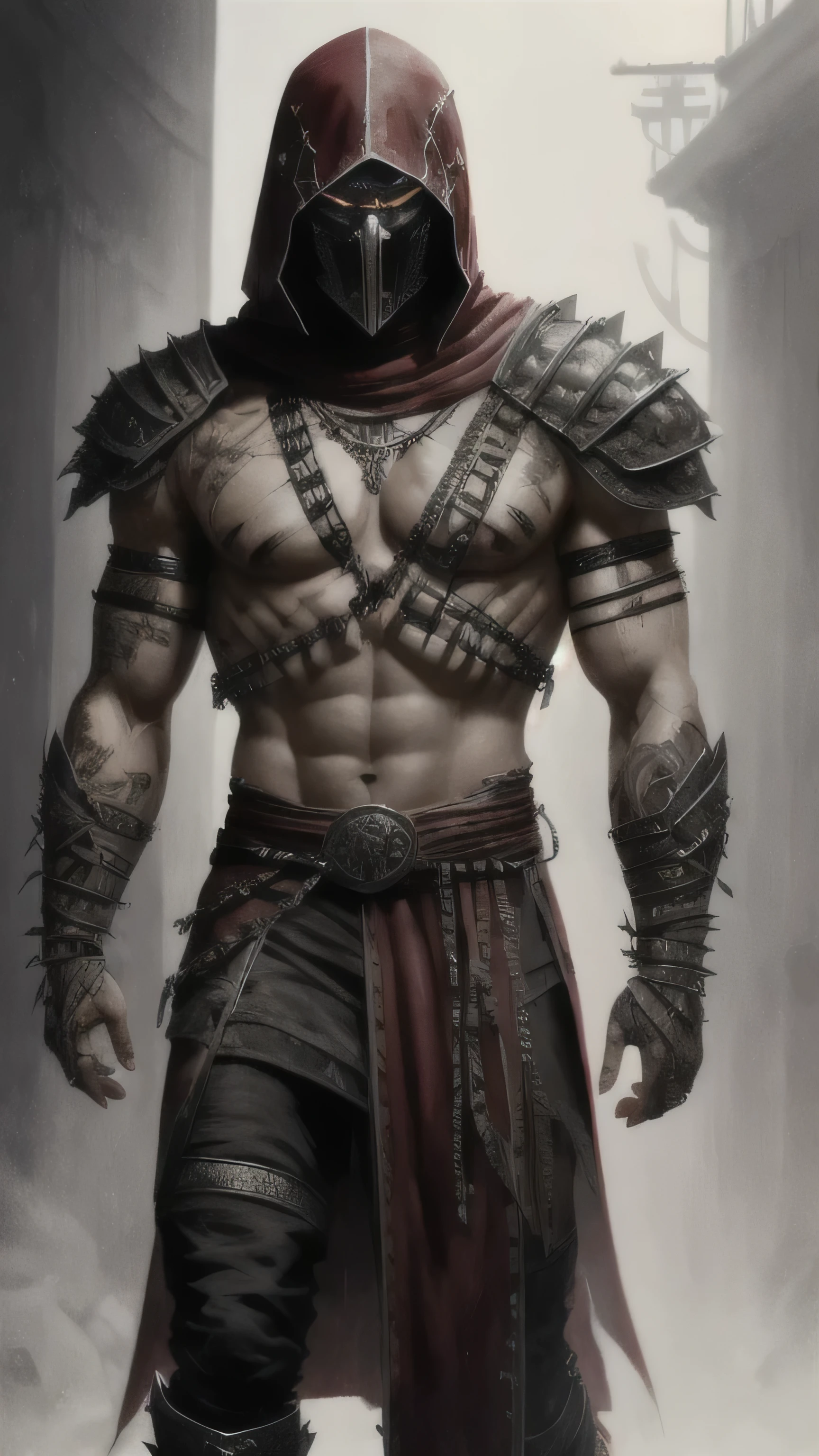 Havik from Mortal Kombat, skeleton humanoid, armor helmet, tattered asymmetrical garments, crimson torn robes, mismatched pieces of fabric, layers, hooks, chains, piercings protruding from different parts of his body, scars, wounds, 1man, solo, full body view, front view, looking at viewer, intricate, high detail, sharp focus, dramatic, photorealistic painting art by greg rutkowski
