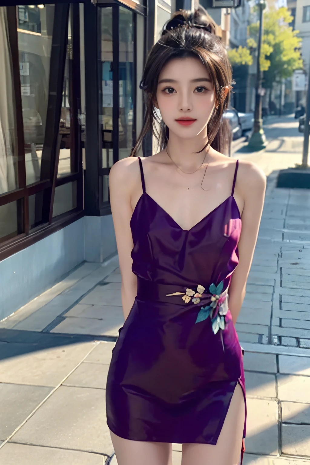 face to the viewer,Girl wearing beautiful floral dress,It shows a fresh and natural beauty。The dress is purple,It is covered with a variety of colorful floral patterns,This makes the whole dress look elegant and gorgeous。The neckline of the dress is a typical round neck,Fits her neck,Show her elegance。
The cut of the dress fits perfectly,Clinging to her body,Show off her graceful curves。The hem of the dress is just below the knee,It looks dignified and generous,It goes well with the color and style of the dress。
Her hair was draped over her shoulders,Slightly curled,It gives a romantic and natural feeling。Her face was covered with light makeup,The choice of eye shadow and lip gloss harmonizes with the color of the dress。The girl is dressed neatly,Full of fresh breath of spring and summer,It shows her elegant temperament and unique charm。(with hands behind her back,stand posture),,No underwear,No bra,Are thin,Thin legs,Small butt,Al flat chest,Small breasts,Ori beautiful girl,Korean famous beautiful girl idol dancer,The belly button and the surding area are exposed,Thin hips,Bold and mischievous,Nipples,Nipples and pe