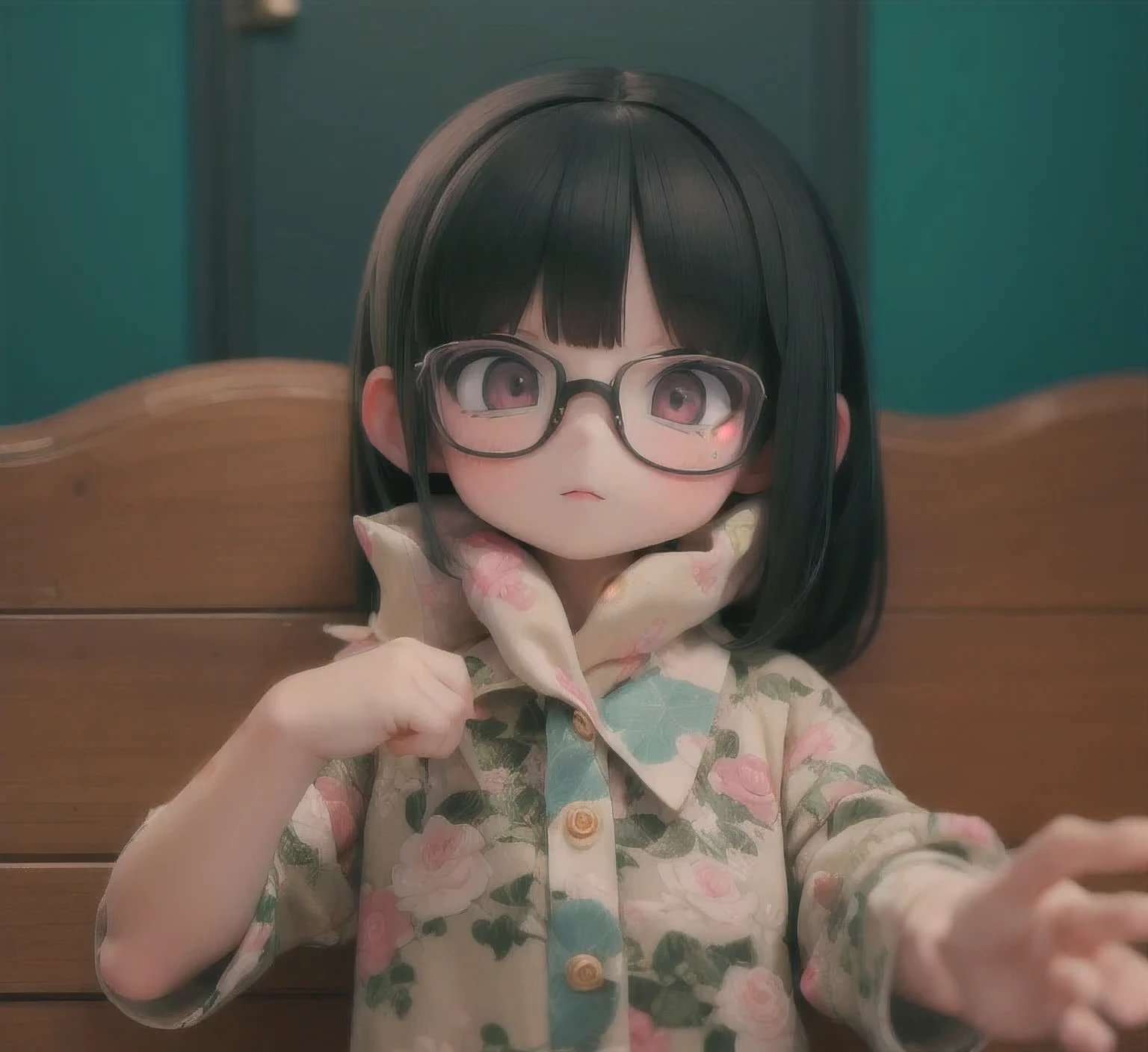 there is a young girl with glasses and a floral shirt,