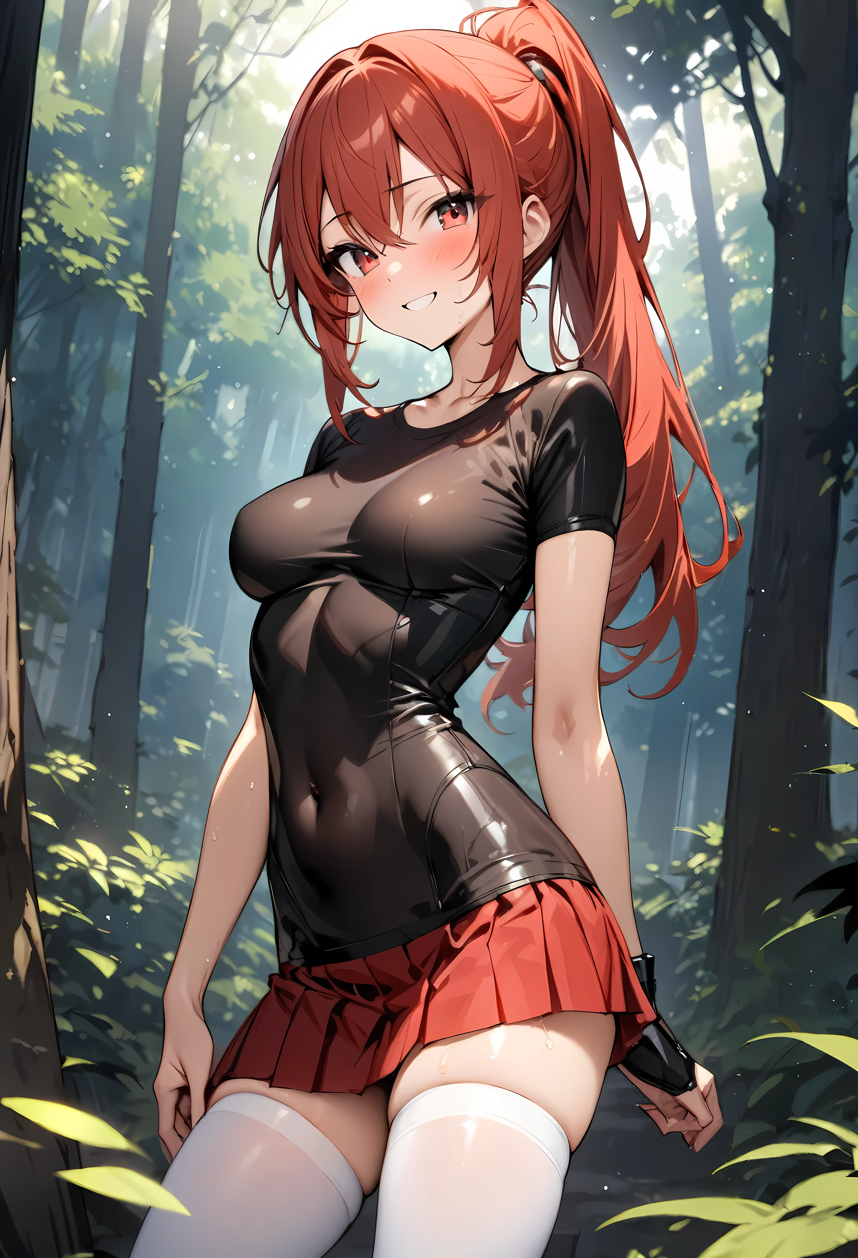 ((masterpiece, highest quality:1.3)),cowboy shot,25 year old beauty,solo,((very small head)),red hair,ponytail hair,long hair,red eyes,blunt,skinny,medium breasts,((long body)),slender body,skinny,shiny skin,oily skin,blush,A strong smile、Tight black t-shirt、Crop length、navel、Short sleeve、Brown Leather Gauntlets、Pleated red mini skirt、white_thighhighs、forest、Sunlight filtering through the trees、