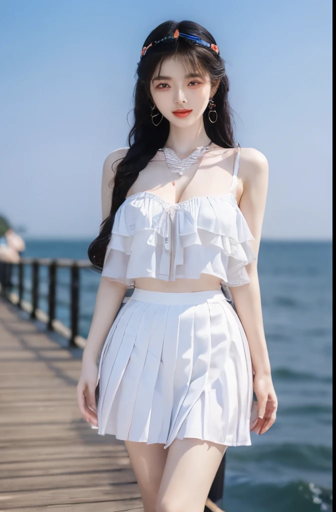 Beautiful woman with perfect body：1.4，Layered Hairstyle，Prominent cleavage：1.2，Highly detailed face and skin textures，Double eyelids，Skin Whitening，Long hair，Whitened long legs，（White shirt，Pleated Skirt）Standing by the sea