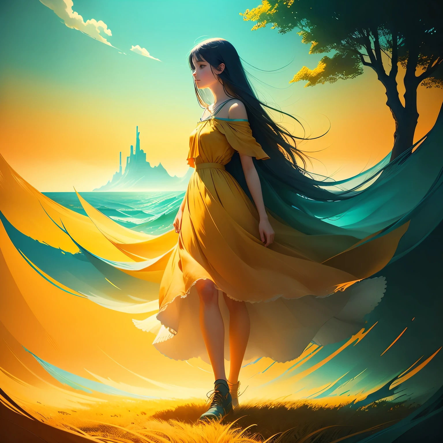 a girl walking through a field, in the style of ethereal trees, dark yellow and azure, majestic, sweeping seascapes, photorealistic representation, graceful balance, wimmelbilder, orange --ar 72:101 --stylize 750 --v 6