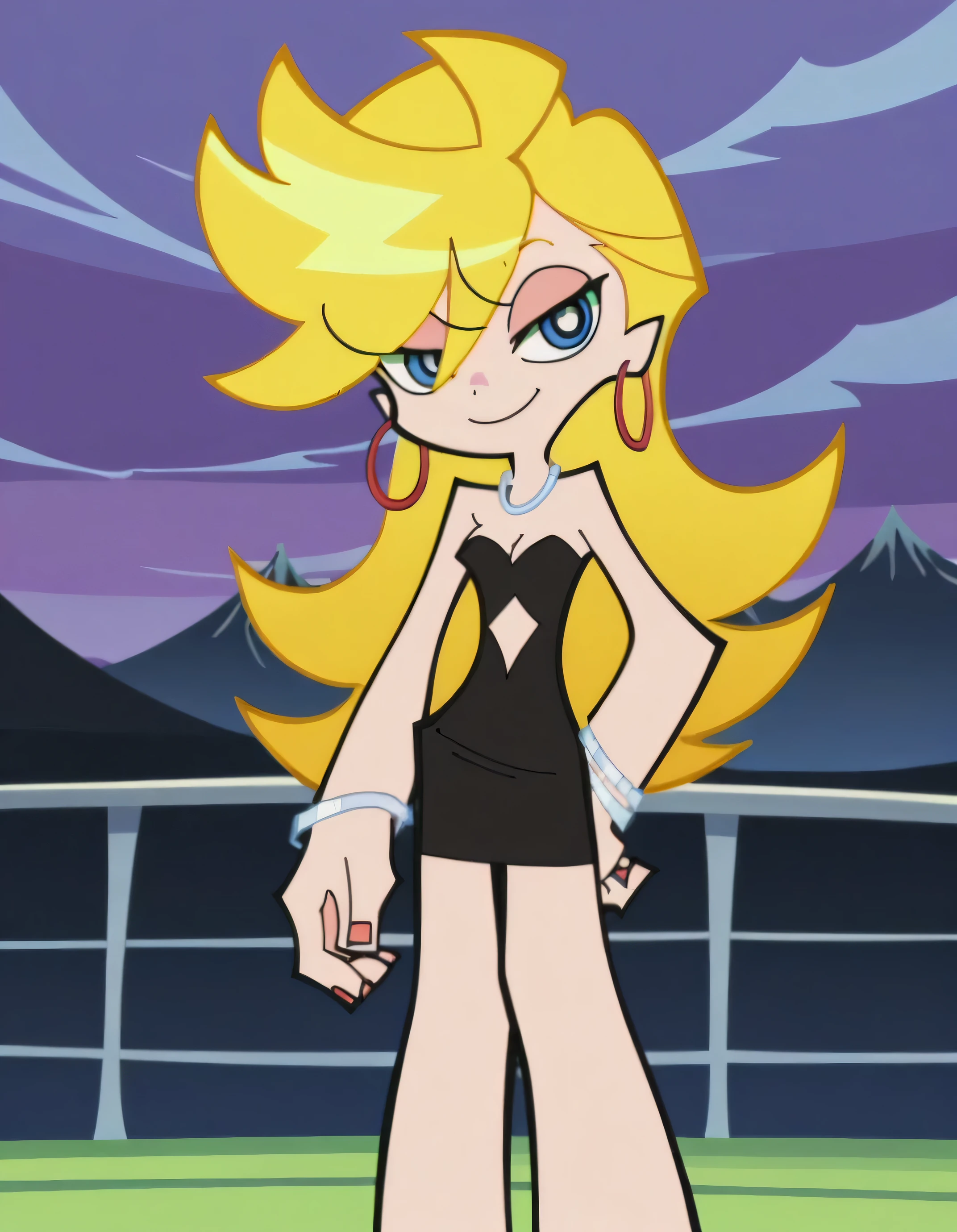p&s style, rating_safe, score_10, sharp, anime screencap, flat shadows, flat colors, panty, blonde hair, strapless, black sweetheart dress, hoop earrings, bare shoulders, cleavage, night sky, hills and mountains, smile, blue eyes, standing up straight on the balcony, in the center, looking at viewers, 1 girl, solo