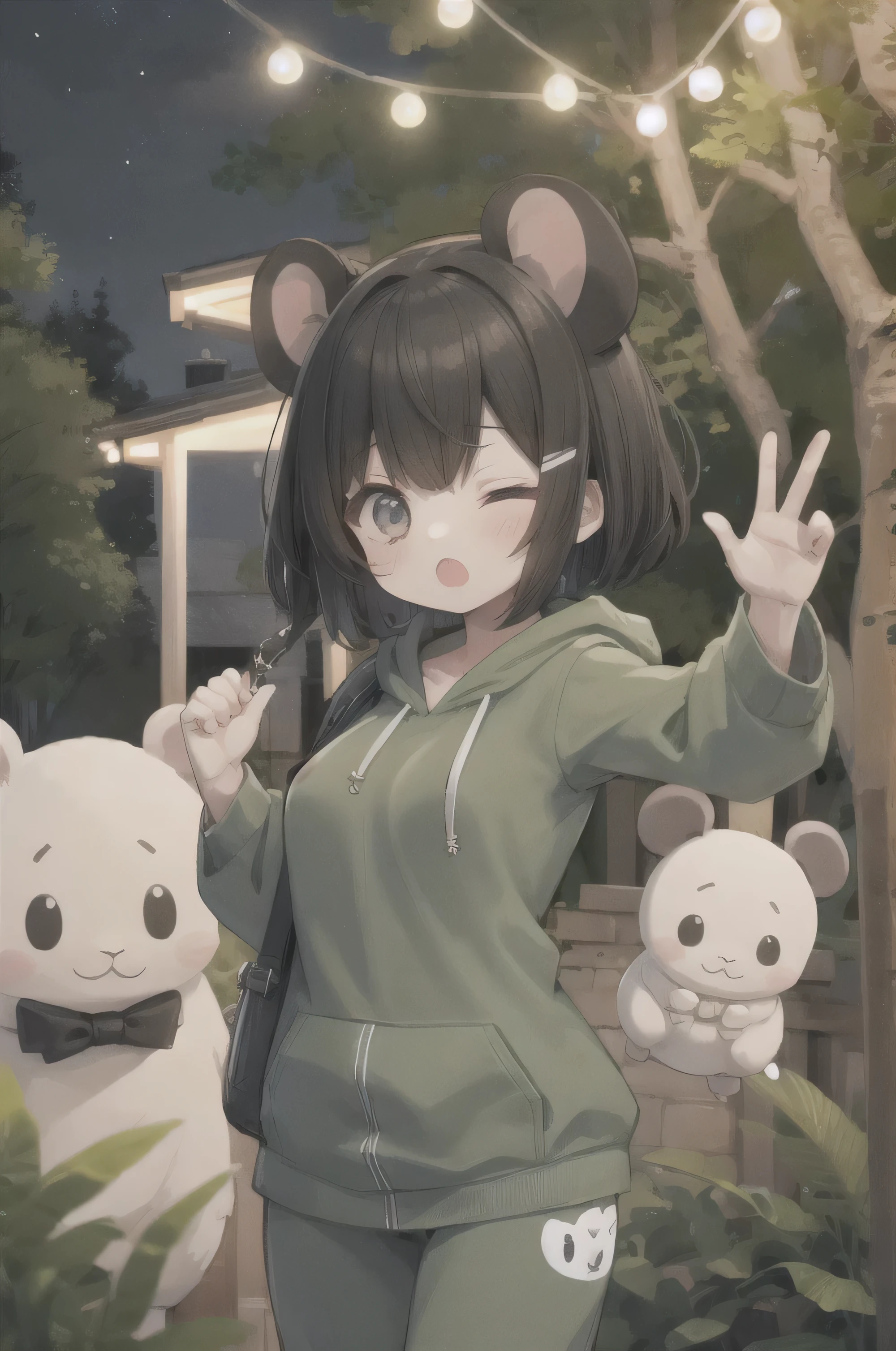 hoodie-footie pjs, 1girl, medium breasts, hood down, mouse ears, open mouth, outdoors, night, cowboy shot, forest, one eye closed, ;o,