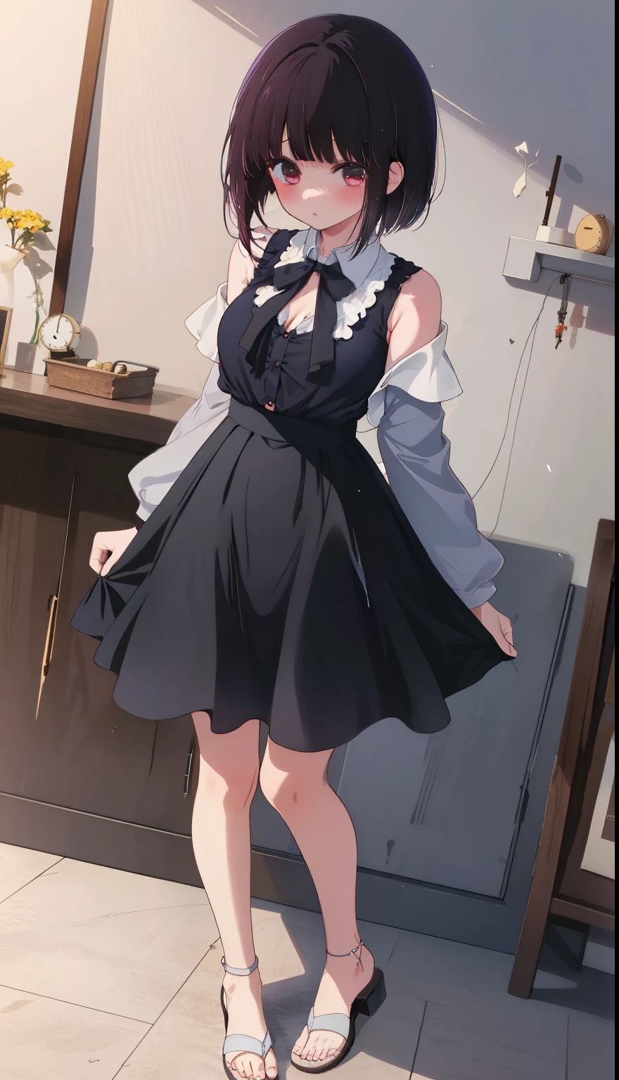 One Girl、positive、Standing posture、Full body portrait、Black Hair、Medium Haircut、blush、Absolute area、No panties、No bra、barefoot、Light blue dress、Off-the-shoulder dress、(Very large breasts)、Cleavage、((Lesbians around the world))、masterpiece、(highest quality)、、White heel sandals、Shirt buttons fly off、Unbutton your shirt、Exposing the breasts、
