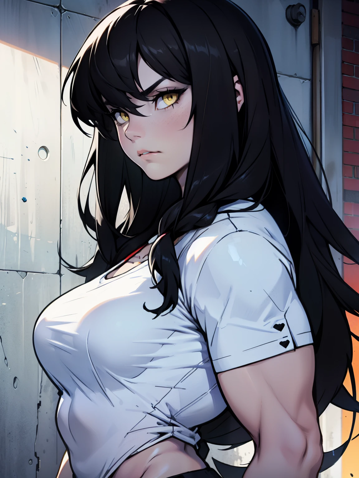 sad pale muscular girl breasts hair black hair yellow eyes extremely long hair sad
