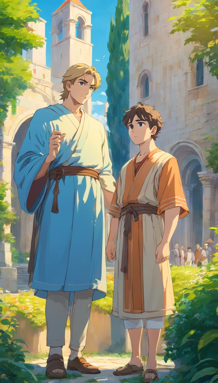 best quality,4k,8k,highres,masterpiece:1.2,ultra-detailed,realistic:1.37,constantine the great and his son crispus,beautiful detailed eyes,beautiful detailed lips,extremely detailed eyes and face,longeyelashes,Constantine the Great and his son Crispus in a garden,illustration,oil painting,3D rendering,photography,masterpiece,peaceful and sunny atmosphere,vibrant colors,gentle lighting,Constantine and Crispus repairing their relationship in modern times,Croatian city of Pula in the background,happy and harmonious relationship,blue sky,serene atmosphere