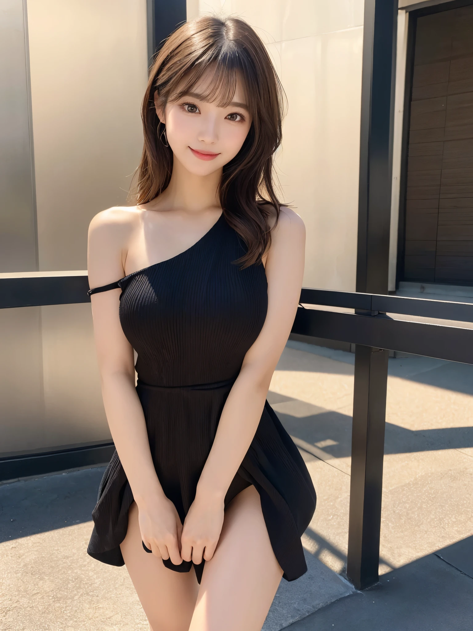 (Detailed skin:1.2),(Shiny skin:1.1),8K,Highest quality, masterpiece, Ultra-high resolution,(Realistic:1.4), RAW Photos,(Soft saturation:1.3),(Fair skin:1.2),Japanese Idols,repair,20 years, Brown Hair, （Short Hairstyles:1.2), Asymmetrical Hair, Asymmetrical bangs
 (Pretty face:1.4), (Big Breasts, Tight waist), Beautiful lighting, Small Head,
(Mini Pleated Skirt:1.2,), camisole,Highly detailed face, Highly detailed lips, fine grain, double eyelid,, Full Body Shot, Browsing Caution, Sharp focus: 1.2, Beautiful woman with perfect figure: 1.2、Random Pause，Accentuate the lines of your legs、smile、