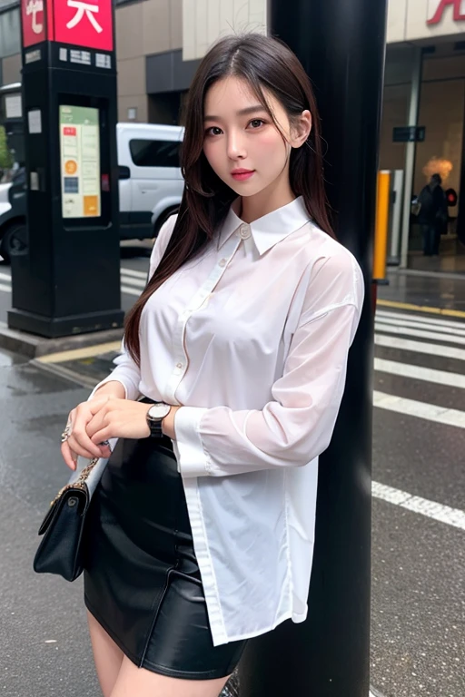 Soaking wet、Guerrilla rainstorm、Japanese Office Lady、Long sleeve white shirt、Black tight skirt、Full Body Shot、bus stop、Too beautiful eyes、Dark blush、watch、Realistic images