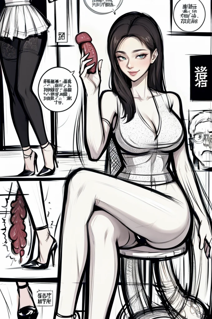 The beautiful girl in lace top and leggings is sitting astride a pile of skeletons in the center of the picture. She is holding a trembling sausage with juice squeezed out in her hand and smiling. There are multiple comic storyboards in the background,cbt, sausage bondage,sausage insertion,Sexy, trampling sausage with high heels heel,(masterpiece, best quality:1.2),1 beautiful girl,sexy,comic storyboard:2, leggings, sit astride, axially symmetrical:2, ,femdom,sounding,cbt,hold,smile,colorful,leggings,thin gap,cameltoe,insertion,trembling,juice,spray, Long hair,Lace top,Sexy, Shiny leggings, High heel,cleveage, trampling, in forest, saliva , Mucus,