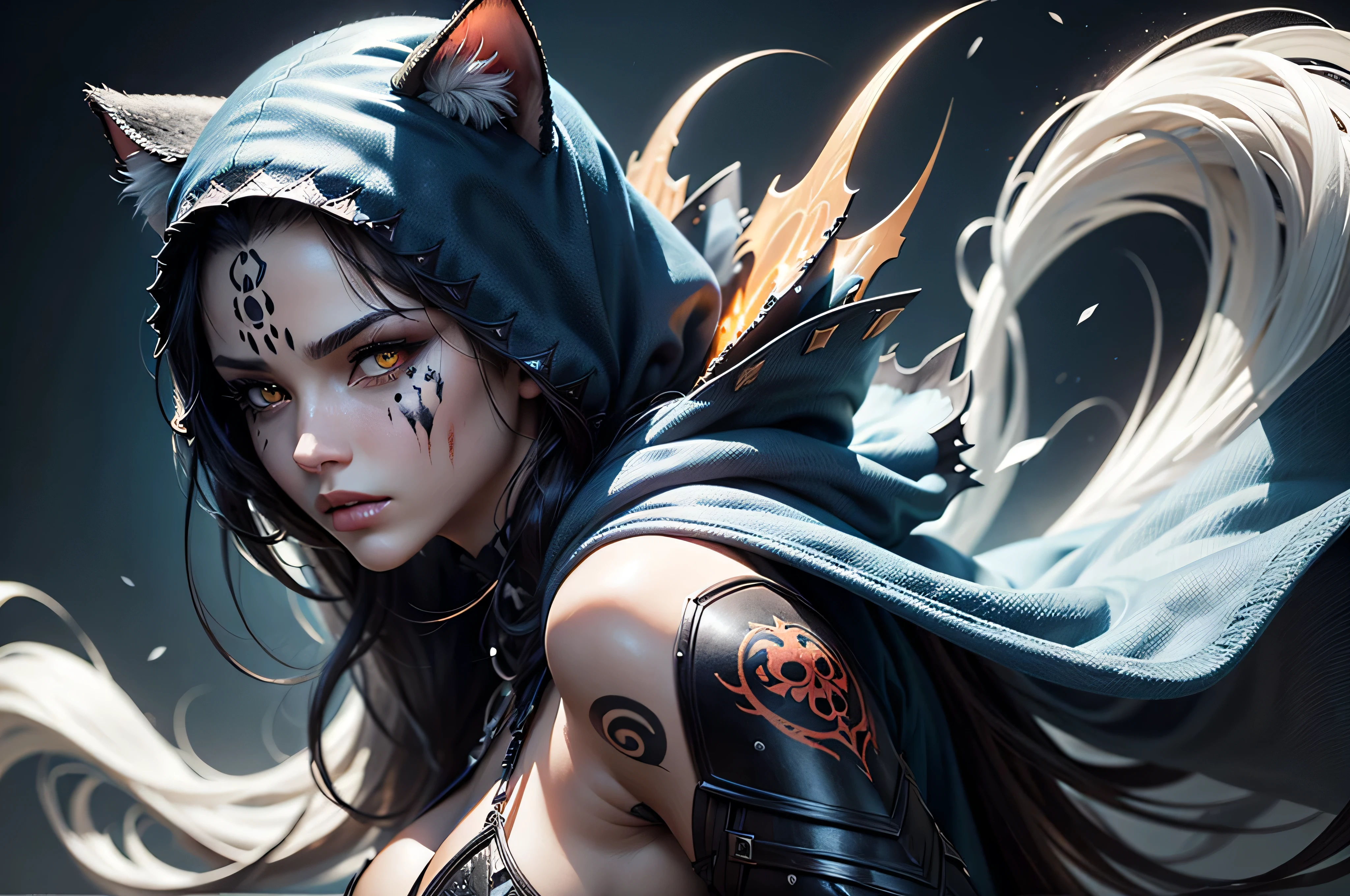 Ice wind dale covered with snow there stand female snow jaguar with cat ears that have lot of piercing, she have beatiful face yellow ember eyes, seductive face expression, she dressed in white with black spots furr clothing armor with mettalic claws covered with blood on her hands, her body cover with scars and tattoo, (ultra high quality fantasy art, dark fantasy style, masterpiece, ultra high quality character design, 8k quality anime art, realistic anime art, top quality wallpaper illustration, detailed ultra high quality accurate face, high quality design and accurate physic)