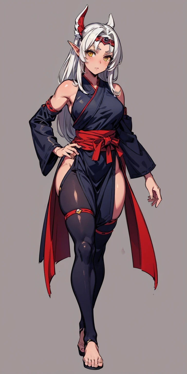 (Masterpiece, plain background:1.2) Female full body, standing straight symmetrical feet together, Pirotess dark elf, dark skin, long white hair, circlet, yellow eyes, 1990s (style), ninja Kunoichi, female 1sologirl