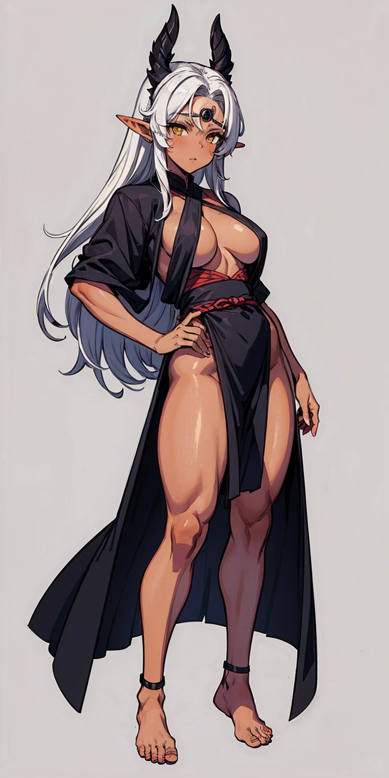 (Masterpiece, plain background:1.2) Female full body, standing straight symmetrical feet together, Pirotess dark elf, dark skin, long white hair, circlet, yellow eyes, 1990s (style), ninja Kunoichi, female 1sologirl