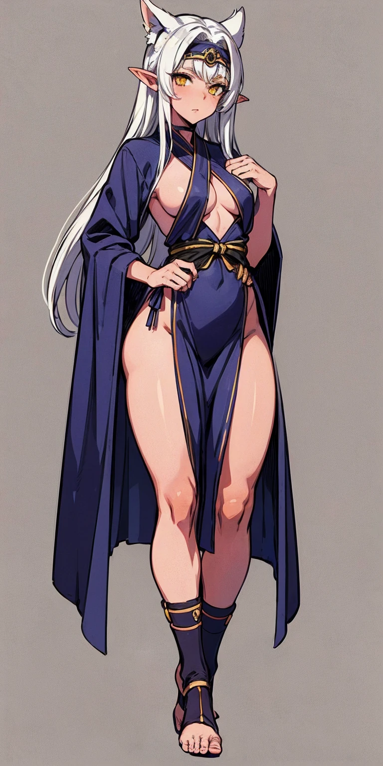 (Masterpiece, plain background:1.2) Female full body, standing straight symmetrical feet together, Pirotess dark elf, dark skin, long white hair, circlet, yellow eyes, 1990s (style), ninja Kunoichi, female 1sologirl