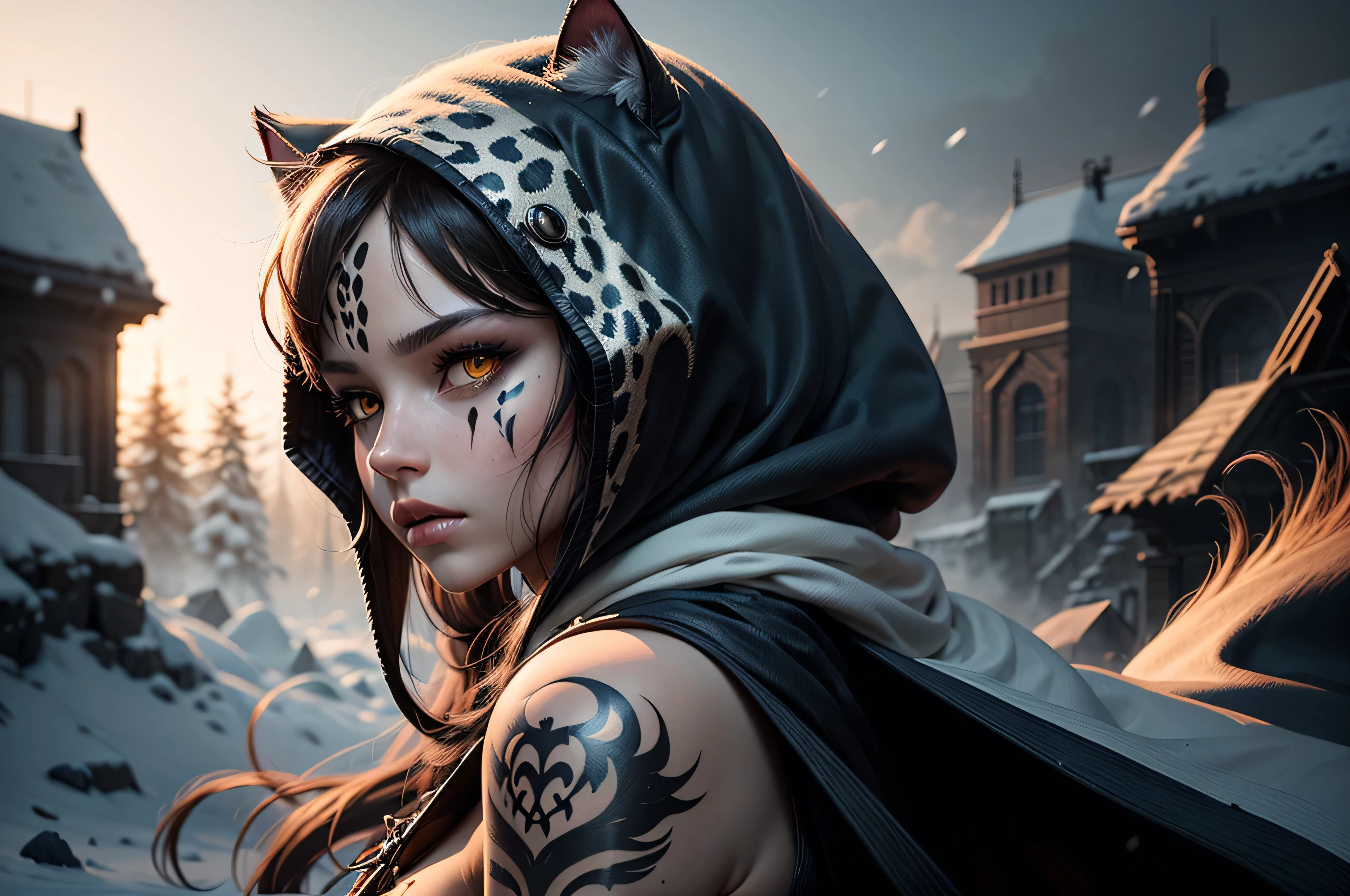 Ice wind dale covered with snow there stand female snow jaguar with cat ears that have lot of piercing, she have beatiful face yellow ember eyes, seductive face expression, she dressed in white with black spots furr clothing armor with mettalic claws covered with blood on her hands, her body cover with scars and tattoo, (ultra high quality fantasy art, dark fantasy style, masterpiece, ultra high quality character design, 8k quality anime art, realistic anime art, top quality wallpaper illustration, detailed ultra high quality accurate face, high quality design and accurate physic)