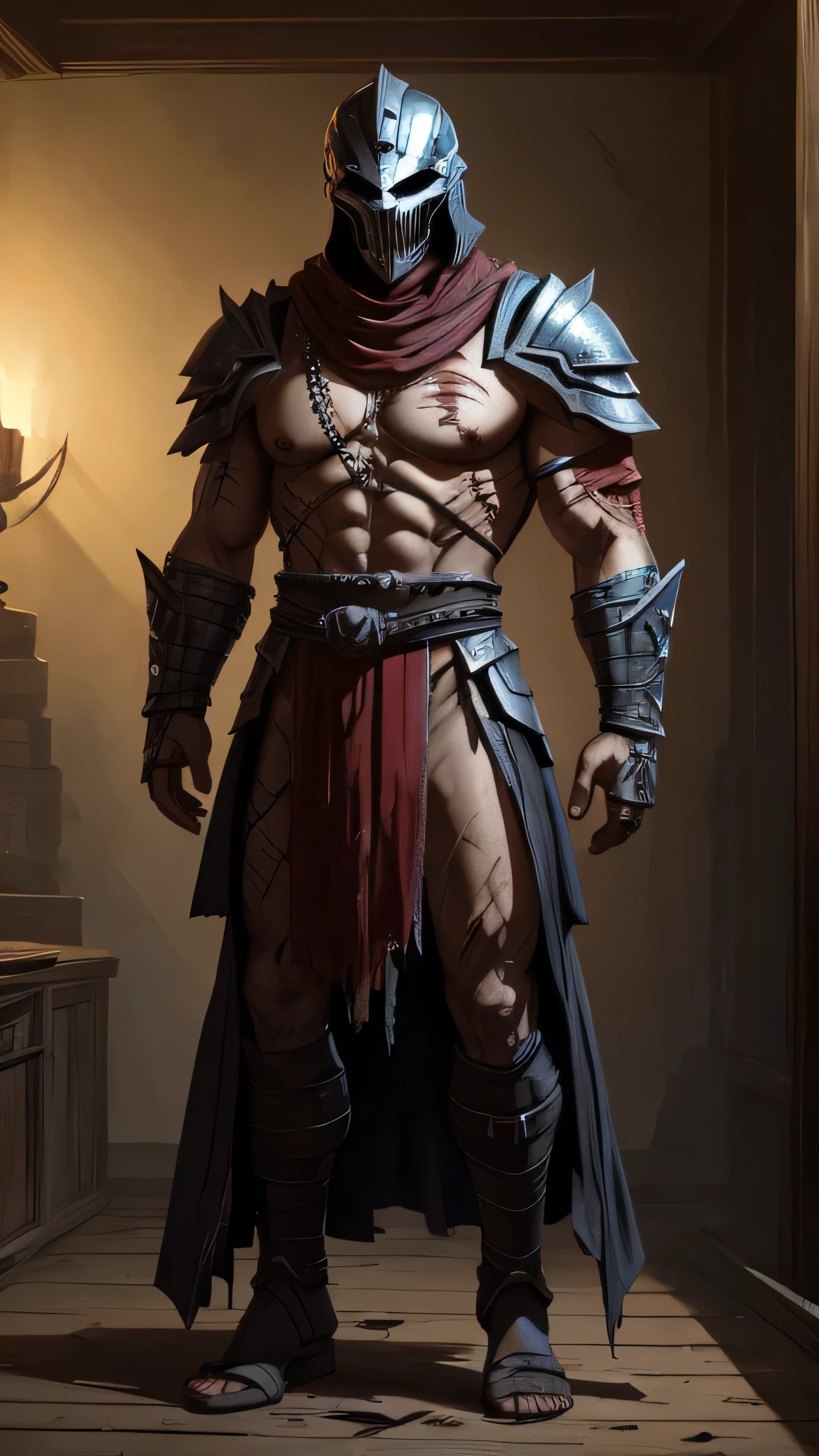 Havik from Mortal Kombat, skeleton humanoid, armor helmet, tattered asymmetrical garments, crimson torn robes, mismatched pieces of fabric, layers, hooks, chains, piercings protruding from different parts of his body, scars, wounds, 1man, solo, full body view, front view, looking at viewer, intricate, high detail, sharp focus, dramatic, photorealistic painting art by greg rutkowski