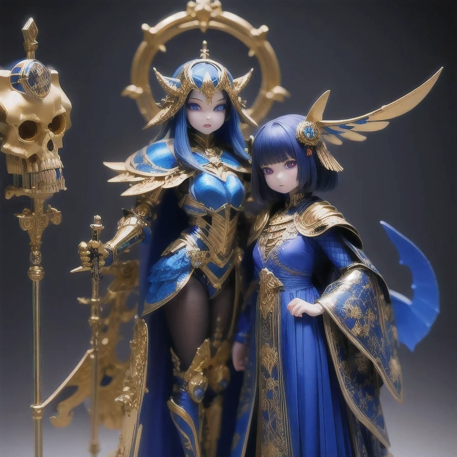 araffe skeleton in a Cobalt Blue and gold costume with wings, saint skeleton queen, Cobalt Blue demon armor, lady in red armor, wearing a skeleton armor, holy cyborg necromancer girl, hone onna skeleton geisha, ( highly detailed figure ), goddess of death, masami kurumada, the other a skeletal figure, skeletal, scary queen of death((（one female）))Cobalt Blue