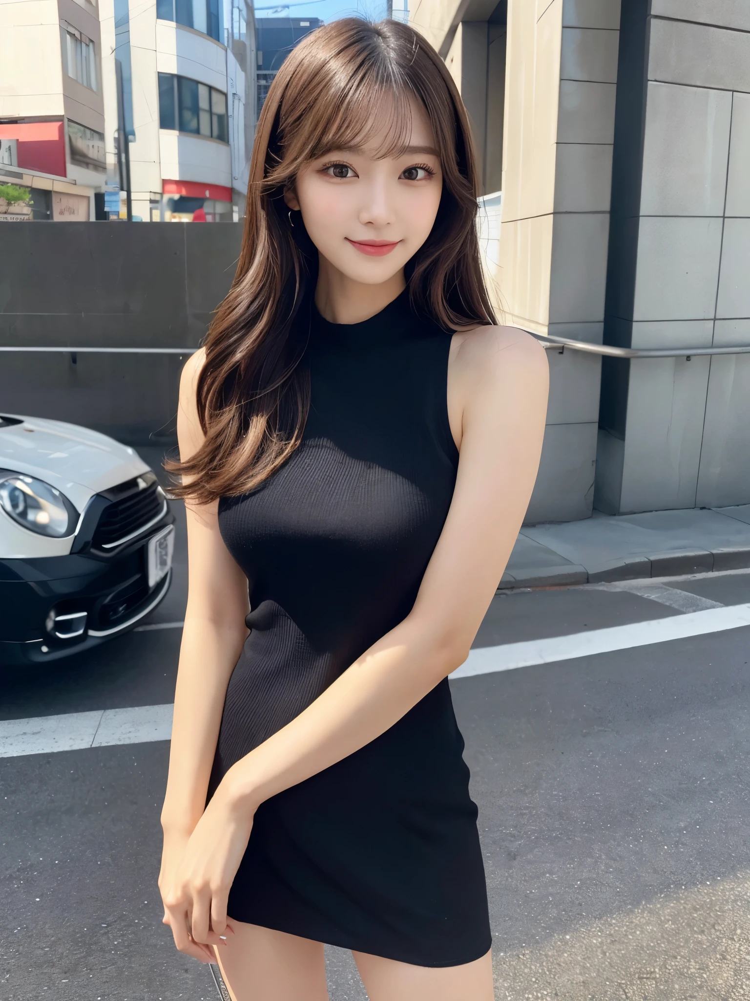 (Detailed skin:1.2),(Shiny skin:1.1),8k,highest quality, masterpiece, Ultra-high resolution,(Realistic:1.4), RAW Photos,(Soft Saturation:1.3),(Fair skin:1.2),Japanese Idols,repair,20 years, Brown Hair, Medium Hair, Asymmetrical Hair, Wavy Hair, （Perfect ???????）,
 (Pretty face:1.4), (Big Breasts, Tight waist), Beautiful lighting, Small Head,
(Black mini dress:1.2,), Highly detailed face, Highly detailed lips, fine grain, double eyelid,, ((Full Body Shot:1.2)), Sharp focus: 1.2, Beautiful woman with perfect figure: 1.2、Random Pause，Accentuate the lines of your legs、smile、