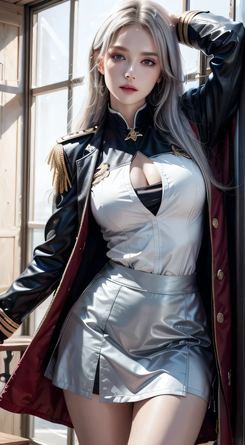 photorealistic, high resolution, soft lights, 1women, solo, hips up, blue eyes, white hair, long hair, military uniform, jacket, shirt, skirt