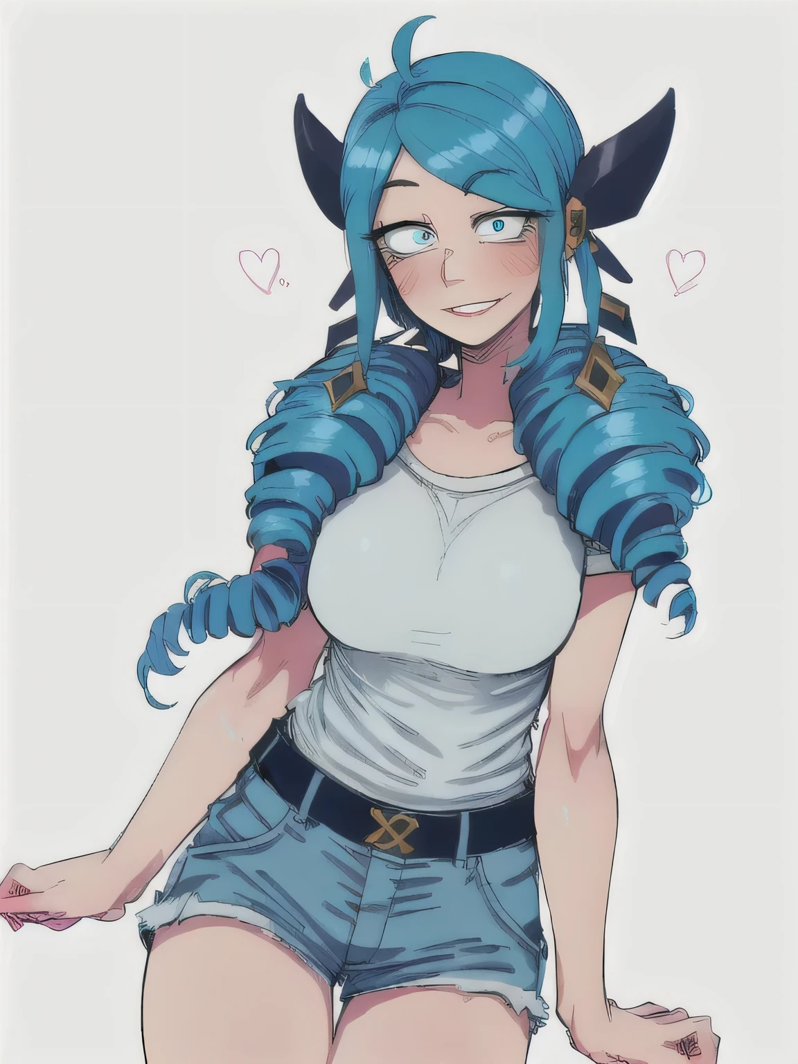 1 girl, Blue eyes, blue hair, Drill hair, gwen \(League of Legends\), in a white T-shirt and denim shorts, hair ornament, a high resolution, League of Legends, long hair, parted lips, pink pupils, smile, X, X hair ornament,