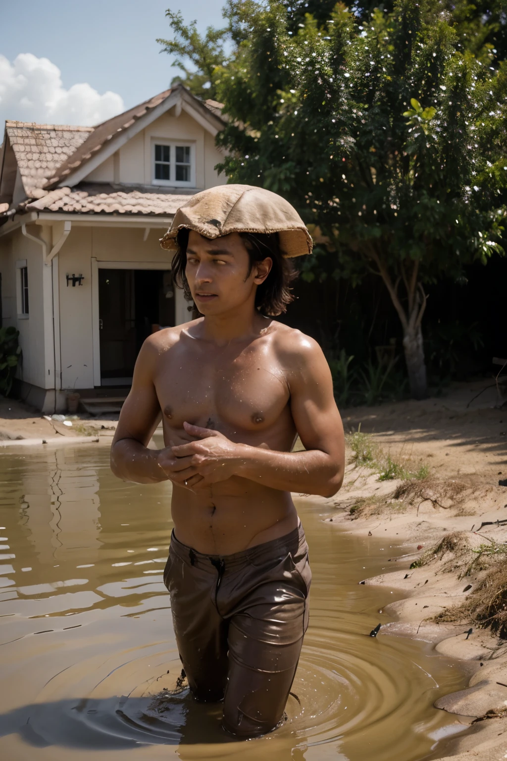 A man carrying a house on his head and sinking into mud or sand 
