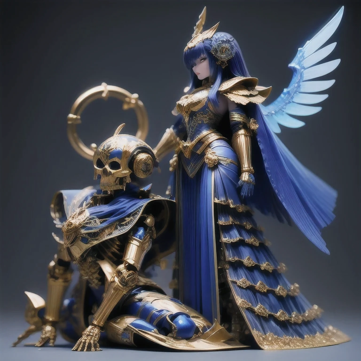 araffe skeleton in a Cobalt Blue and gold costume with wings, saint skeleton queen, Cobalt Blue demon armor, lady in red armor, wearing a skeleton armor, holy cyborg necromancer girl, hone onna skeleton geisha, ( highly detailed figure ), goddess of death, masami kurumada, the other a skeletal figure, skeletal, scary queen of death((（one female）))Cobalt Blue