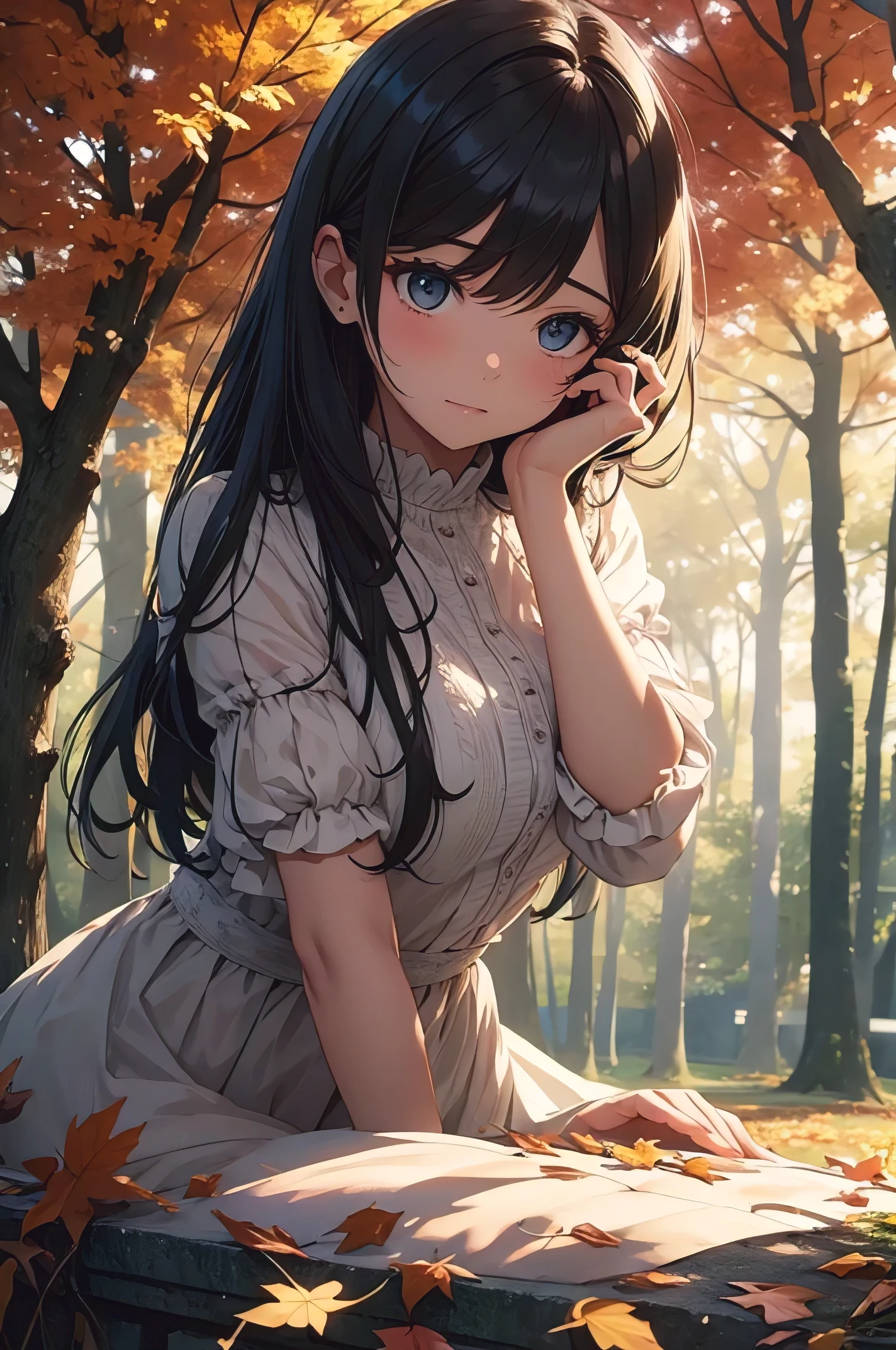 A hauntingly enchanting tableau unfolds beneath the tender embrace of the moonlight in a serene park. The shadow of a young woman, demurely seated on a weathered wooden chair, dances upon the cold, cobblestone path, hinting at the ethereal beauty that lies hidden within the moon's radiant glow. Her slender silhouette, with delicate features and a gentle smile, echoes the beauty of the crisp, autumn leaves that scatter the ground around her. The tranquil scene is only further accentuated by the gentle play of shadows cast upon the nearby tree trunks, as if whispering a secret tale to the wind. This moody, exquisitely