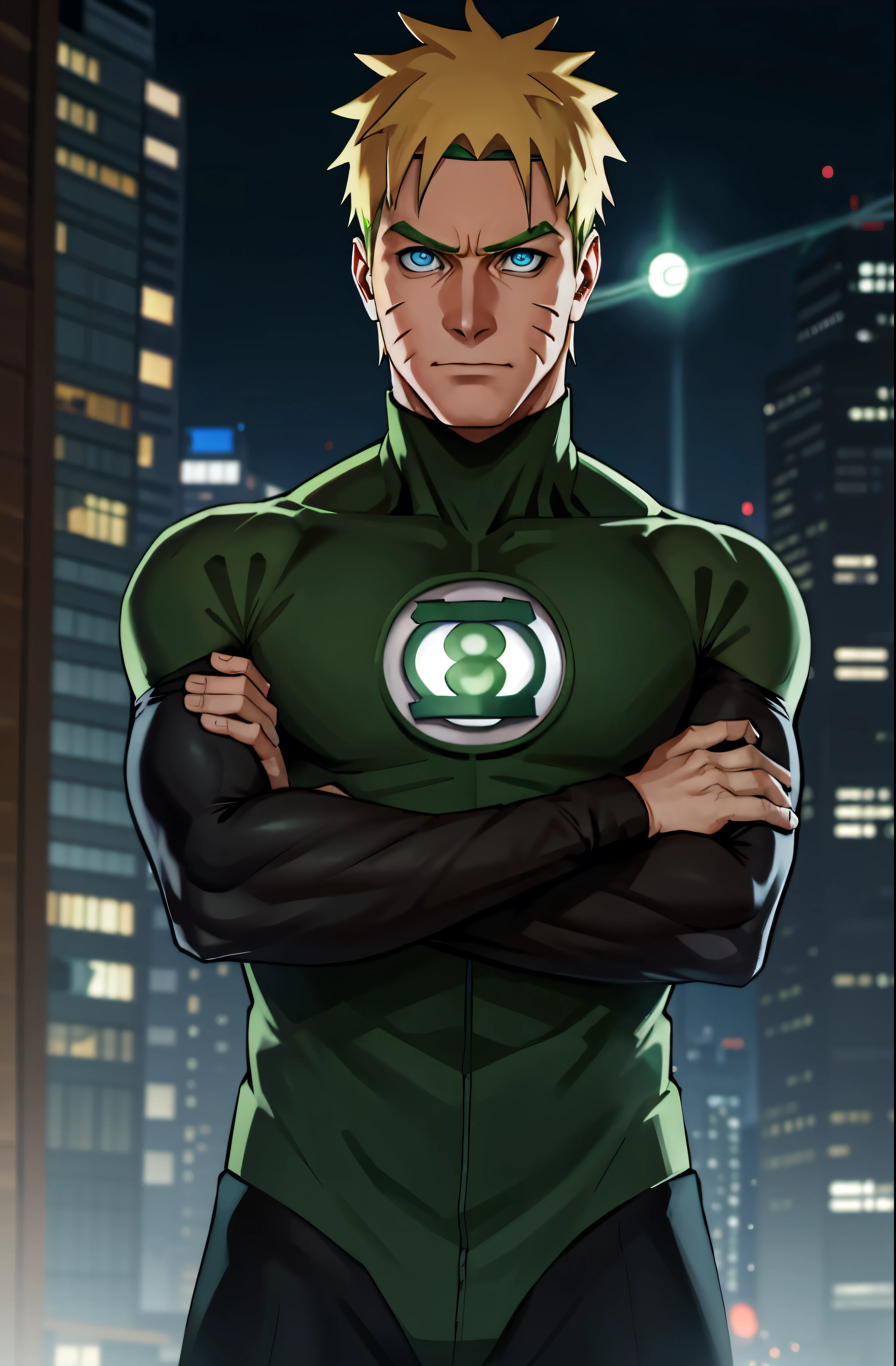 Naruto, green lantern, blue eyes, crossed arms, male, half body portrait