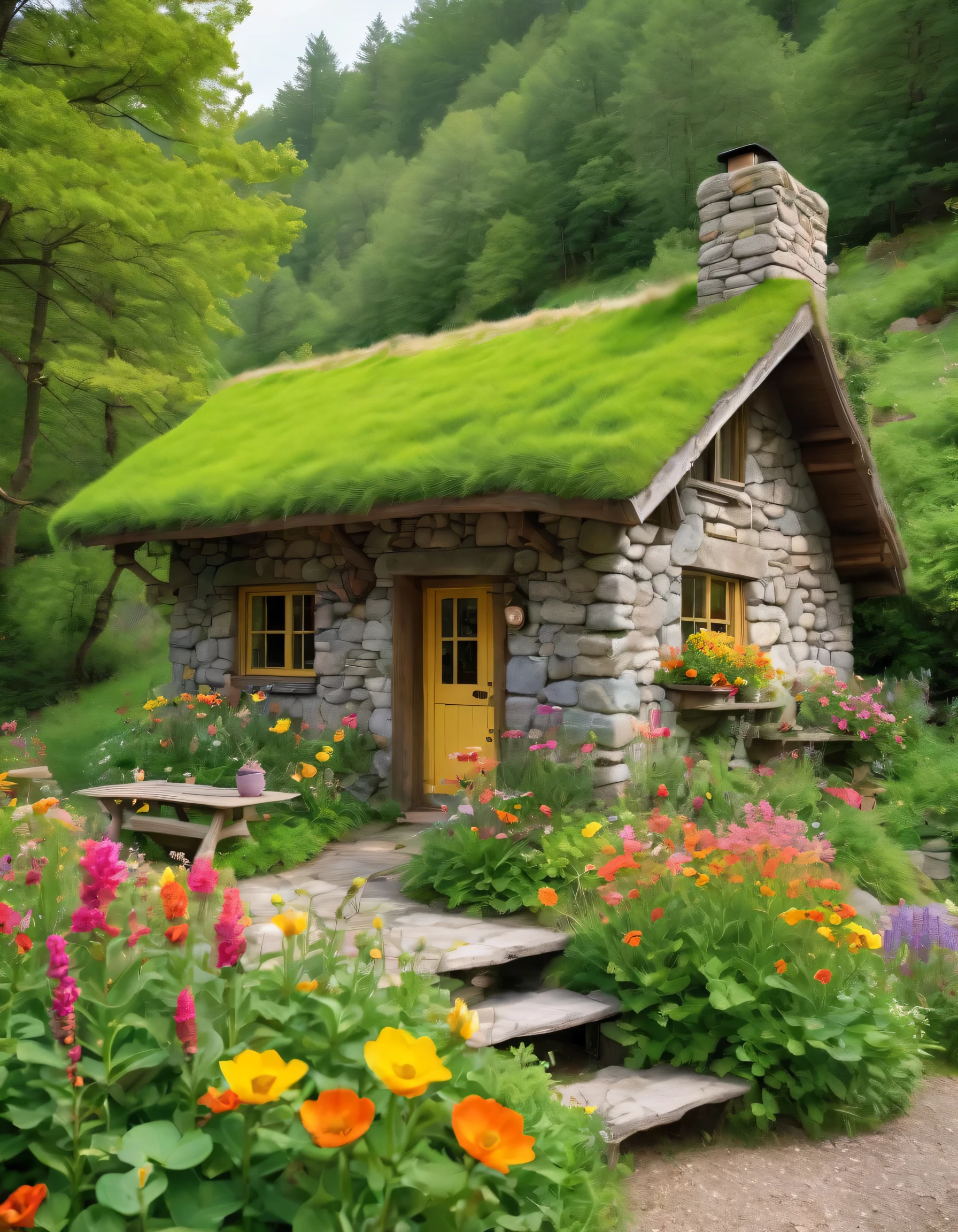 a view of a hunting stone cabin with a folower colourful growing on it, and a table, cottagecore!!, beatiful house, cottagecore, beautiful place, idyllic cottage, little cottage, cottagecore flower garden, cottage in the woods, cottage, fairy tale place, cottage in the forest, in a cottagecore flower garden, soothing and cozy landscape