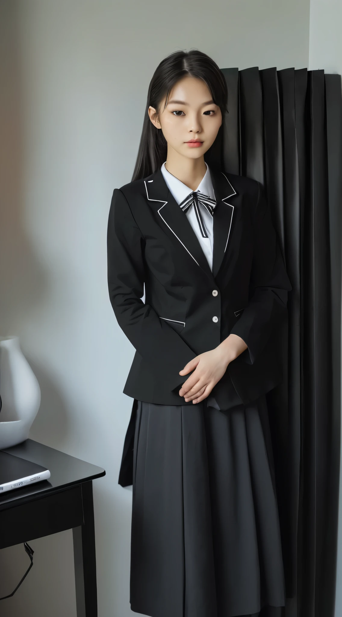 ((16k, RAW photo, highest quality, masterpiece 1.4)), professional photo, ultra high resolution, photorealistic, reticle, high detail, (((Ultra detailed skin texture 1.4))), anatomically correct, cinematic aesthetics, full body photo, beautiful and faceless Japanese woman, 20 years old, wearing , (((her outfit is , black blazer fully buttoned, white shirt, uniform ribbon, black uniform long skirt, dark black tights 1.4))), location is her room.