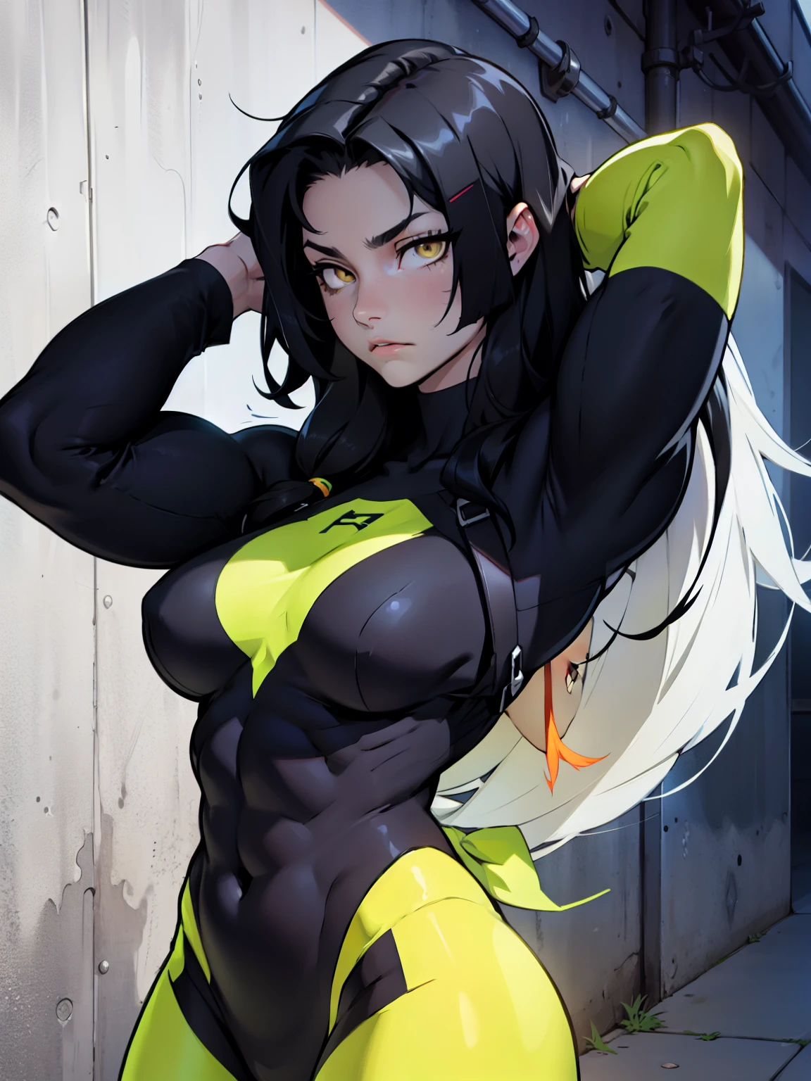 sad pale muscular girl breasts hair black hair yellow eyes extremely long hair sad