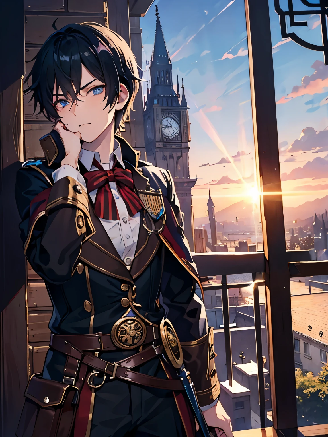 male blue eyes Black Hair Showa Retro Short Hair steampunk Hold the sword Magic Activation Eye-catching colors
