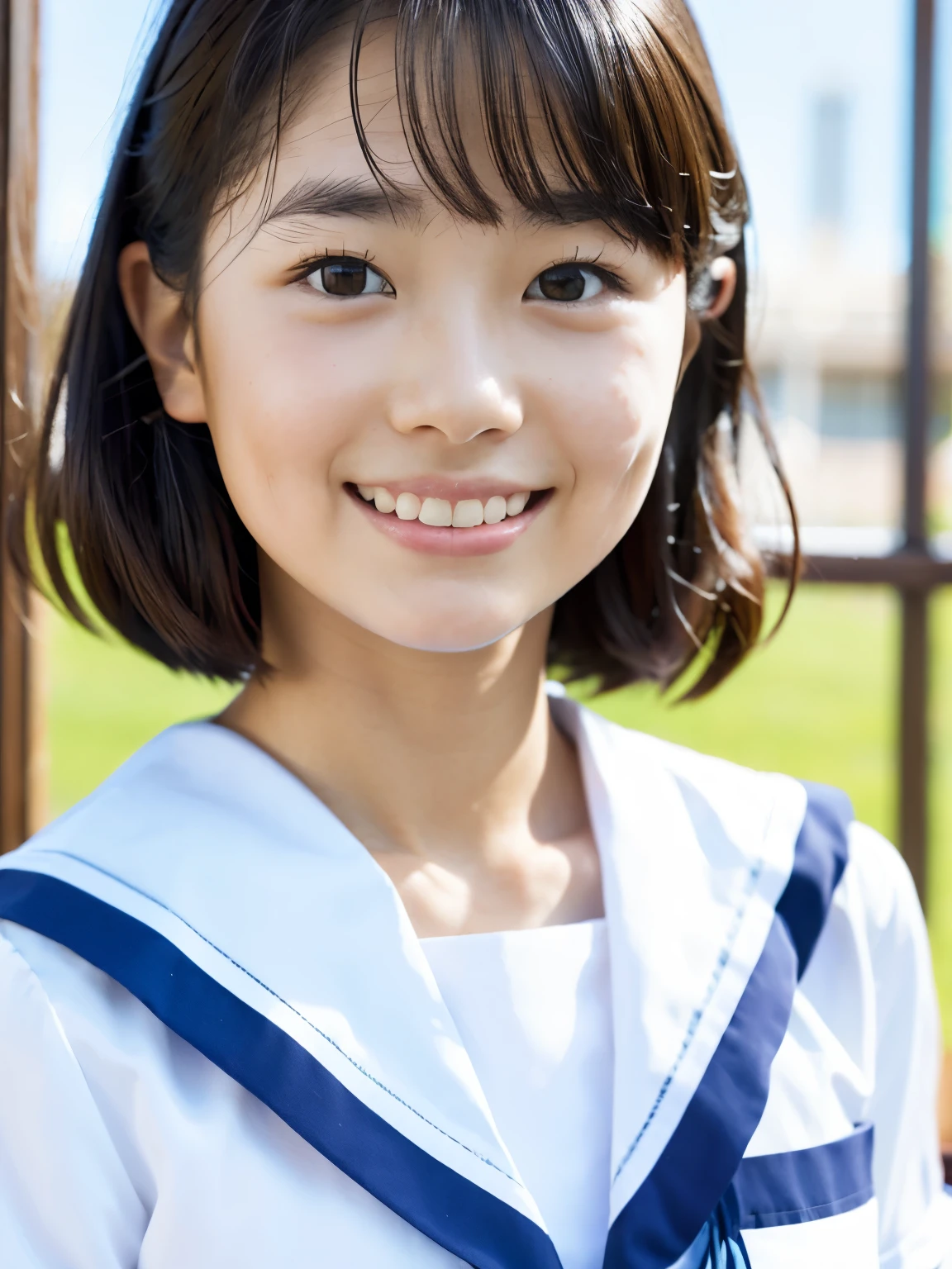 lens: 135mm f1.8, (highest quality),(RAW Photos), (Tabletop:1.1), (Beautiful 13 year old Japanese girl), Cute Face, (Deeply chiseled face:0.7), (freckles:0.4), Speckled sunlight, Dramatic lighting, (Sailor suit), Short sleeve, (In the classroom), shy, (Close-up shot:1.2), (smile)