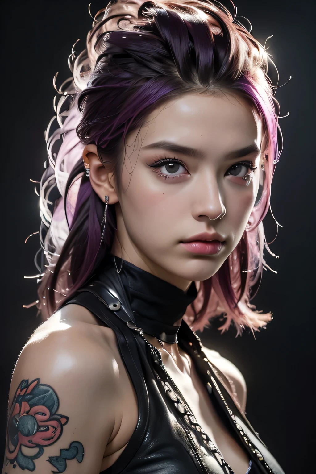 Model Girl, Professional:1.6, (最high quality, 4K, 8k, High resolution, masterpiece:1.2),Ultra-detailed, Realist, Punk Style, fashion punk, ((Upper body portrait)), Spiked clothing, Chain Accessories, Rebel pose, Mohawk Alto, Rainbow Hair, flashy, Nervous background, Studio Lighting, Dynamic pose and elegant、masterpiece, 最high quality, high quality, High resolution, (((Upper body portrait)))、Super big
