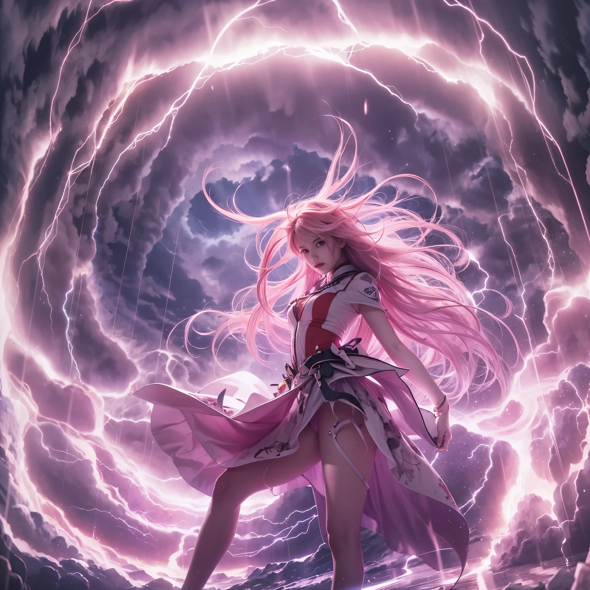 Best quality,masterpiece,16k,Artistic,Polar coordinates thundercloud channel,Ultra-dense lightning surround,Many arcs,Channels surrounded by plasma fluid,Special effect,Inception,Fantasy,1girl,Dynamic poses,Looking at the camera,